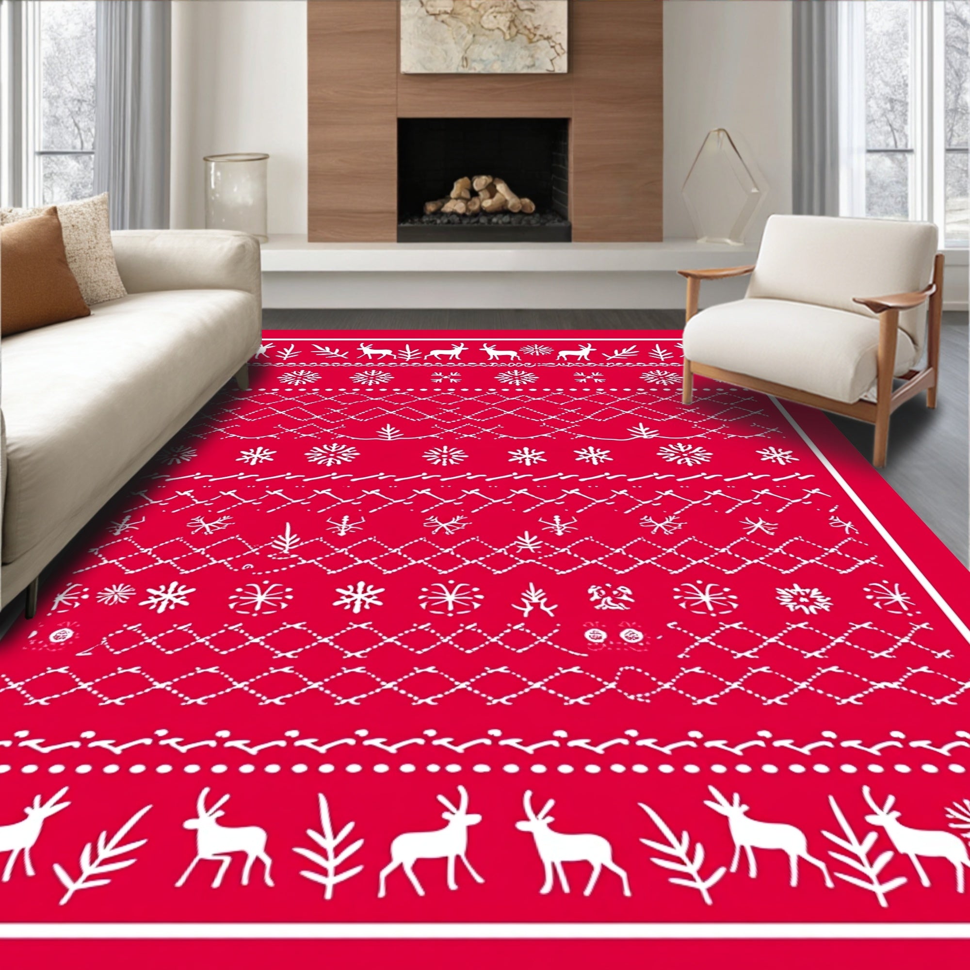 Rustic Red Reindeer Snowflake Garland Rug