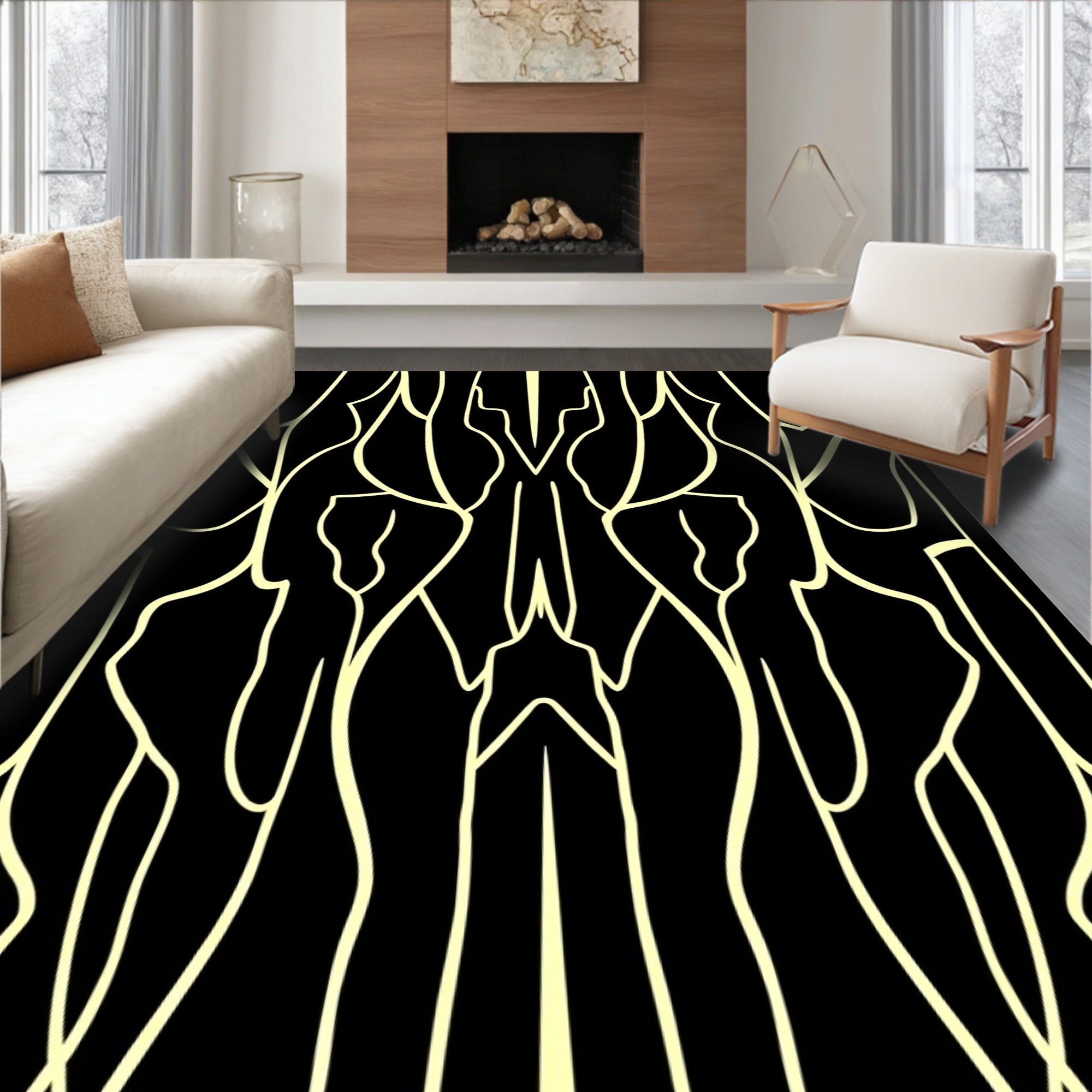 Black Cream Organic Flowing Lines Rug