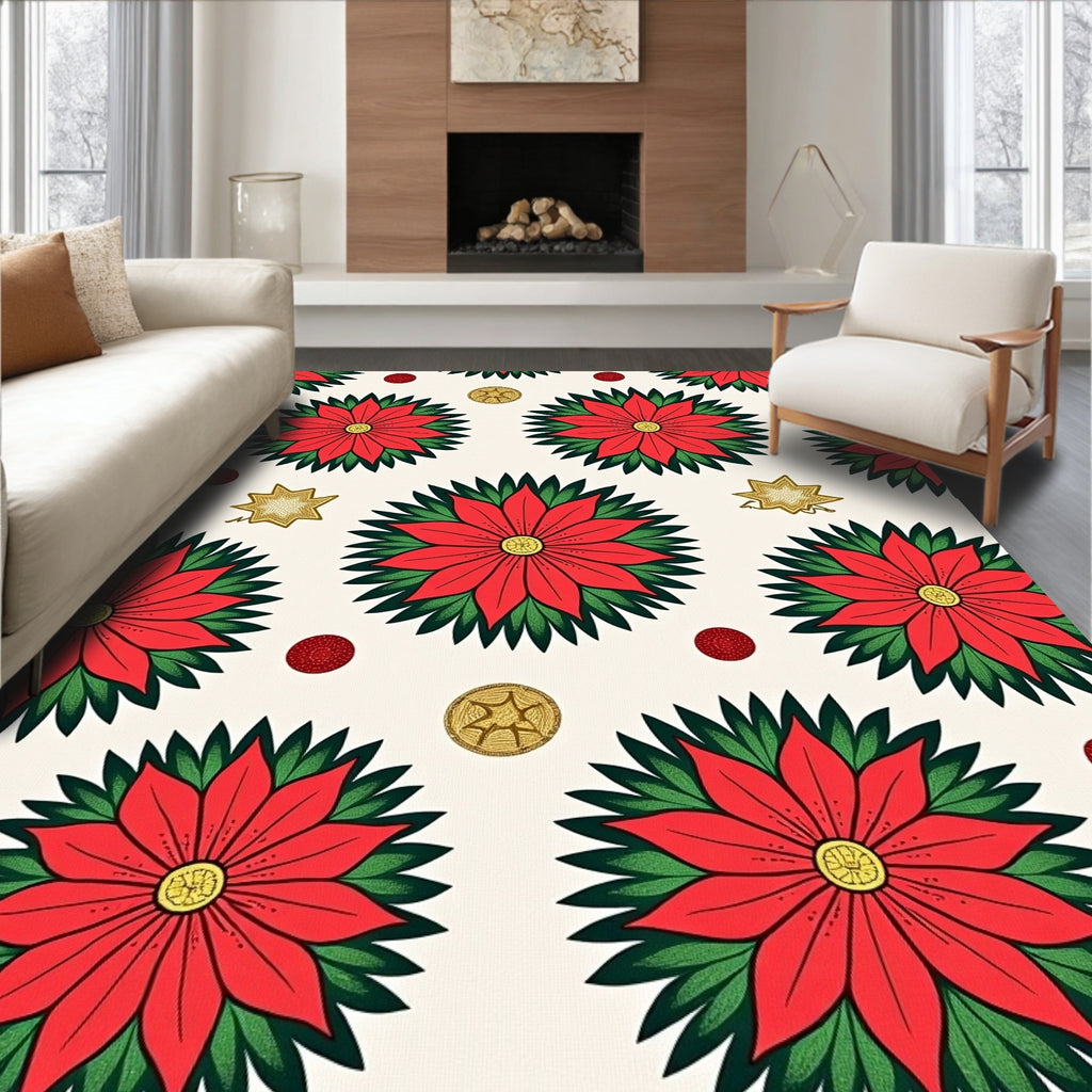 Festive Red Poinsettia Star Medallion Rug