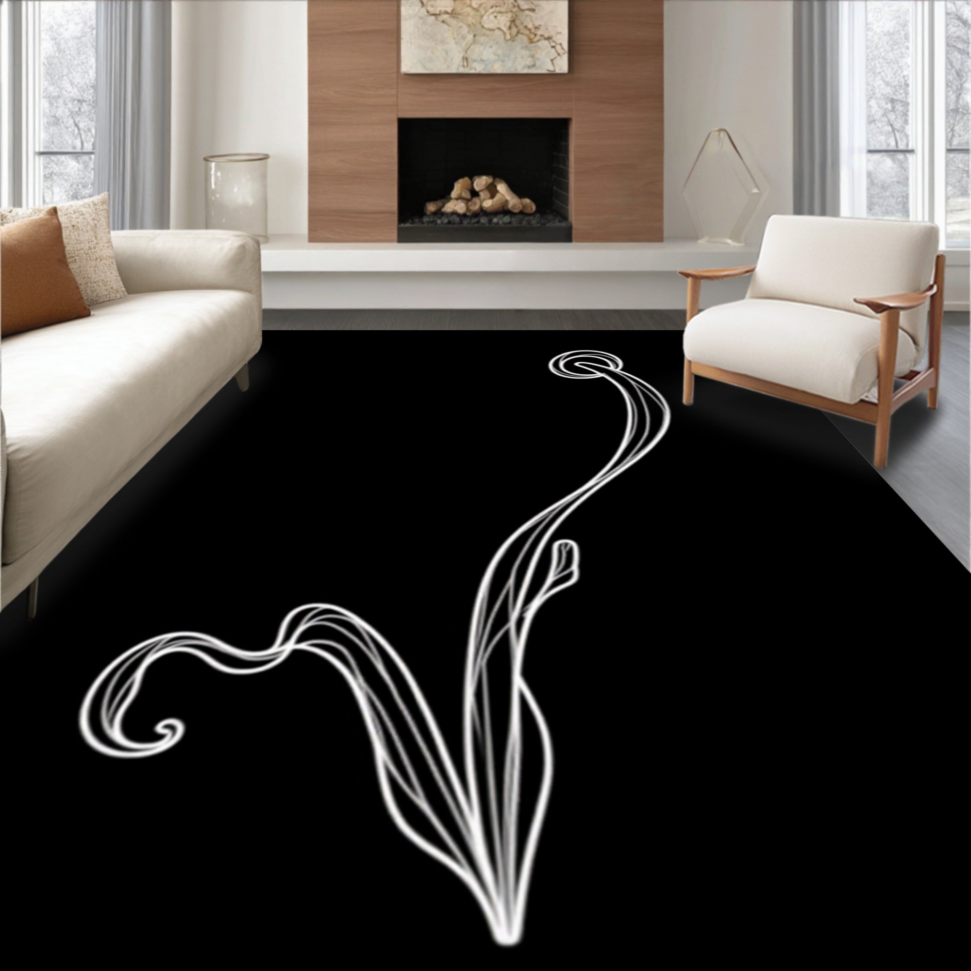 White Swirling Vine Abstract Rug