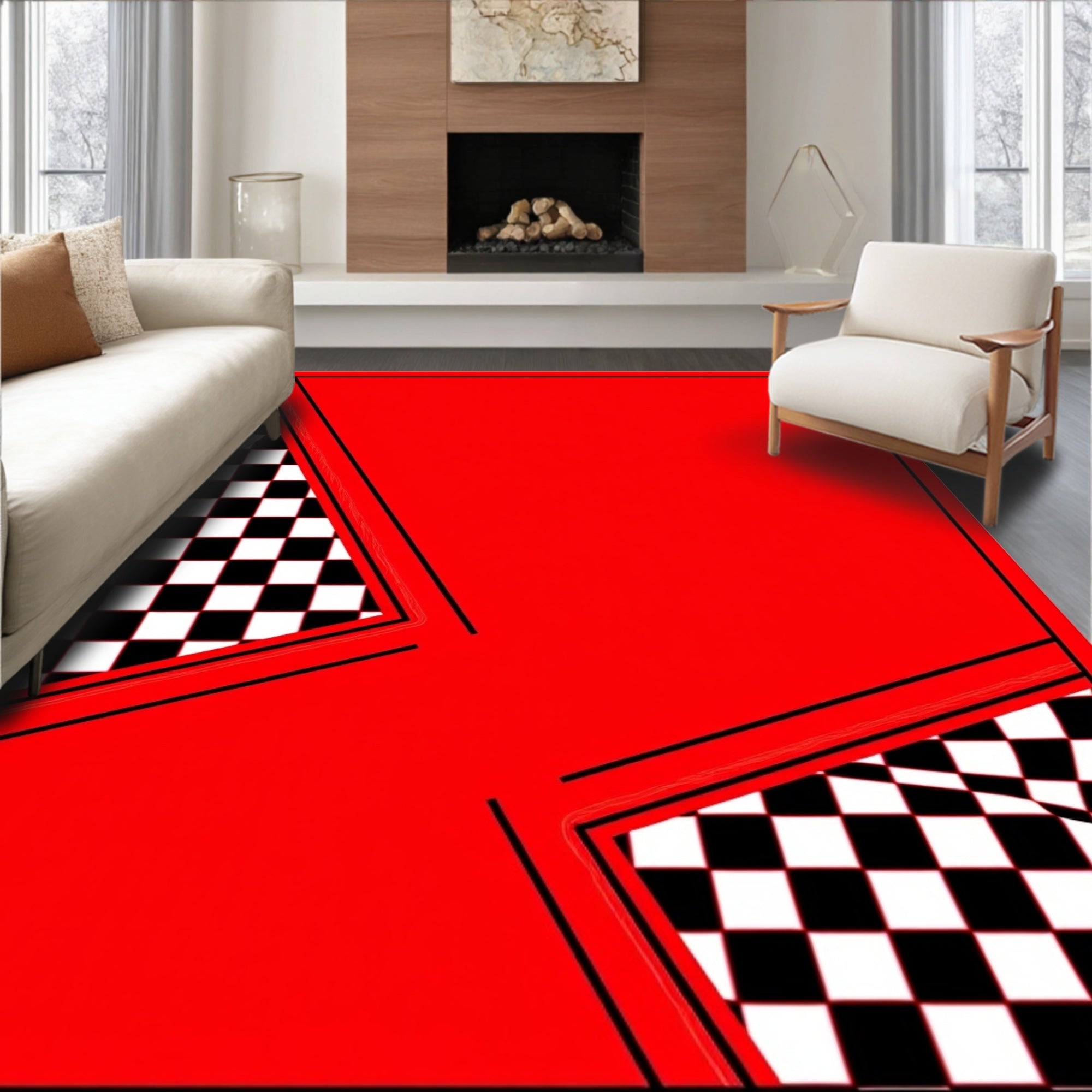 Bold Red Black White Checkered Slices Rug