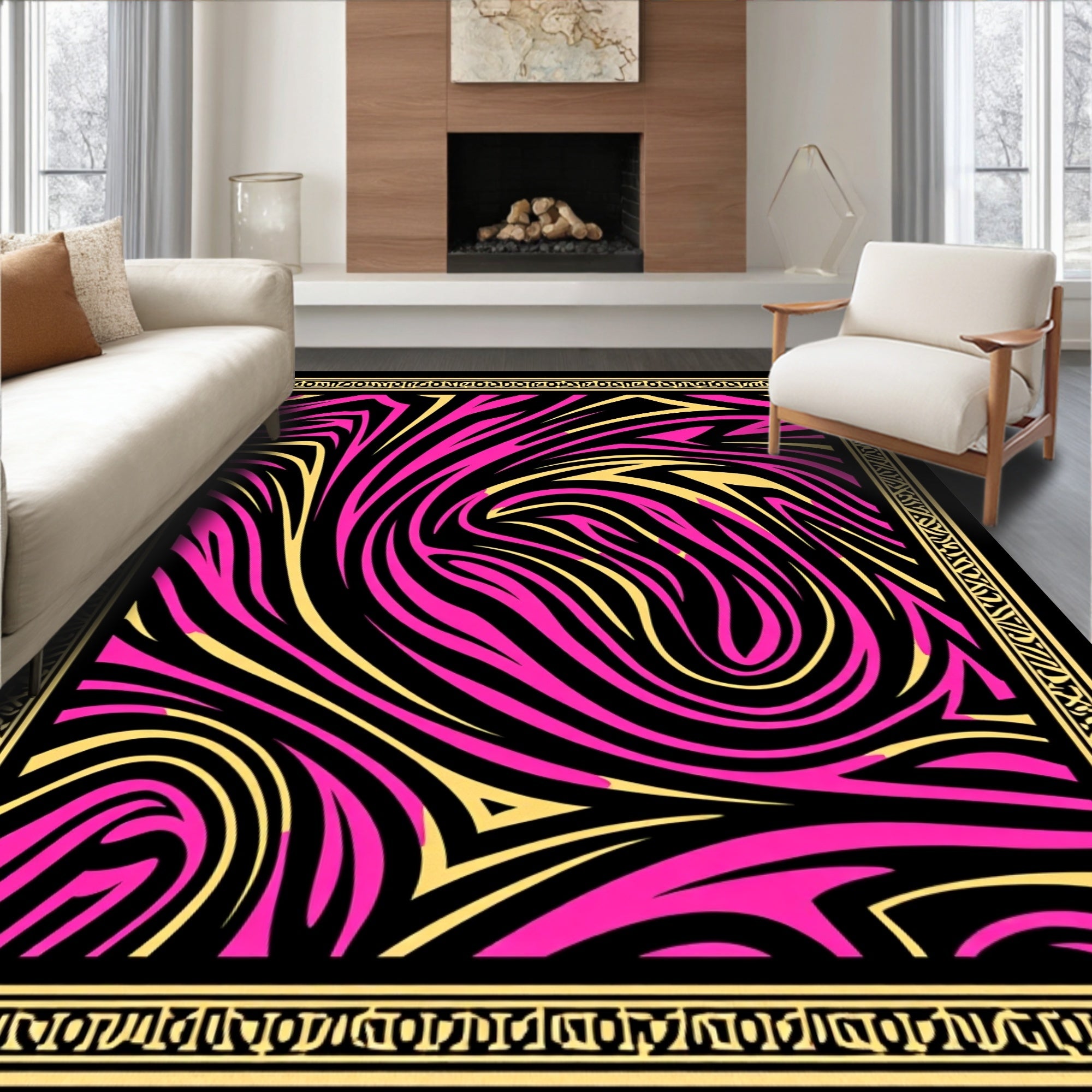 Vibrant Pink Yellow Swirl Zebra Border Rug