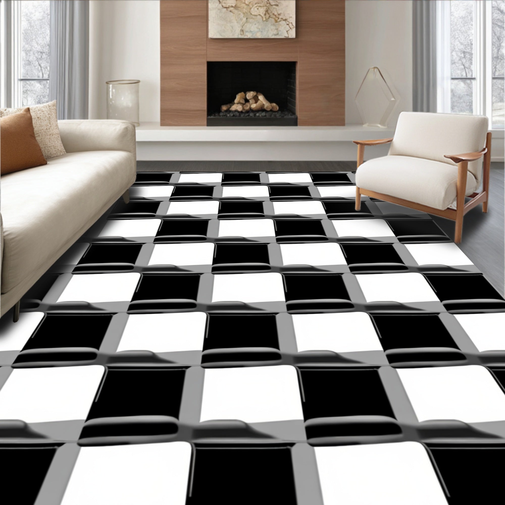 Monochrome Checkerboard Grid Rug