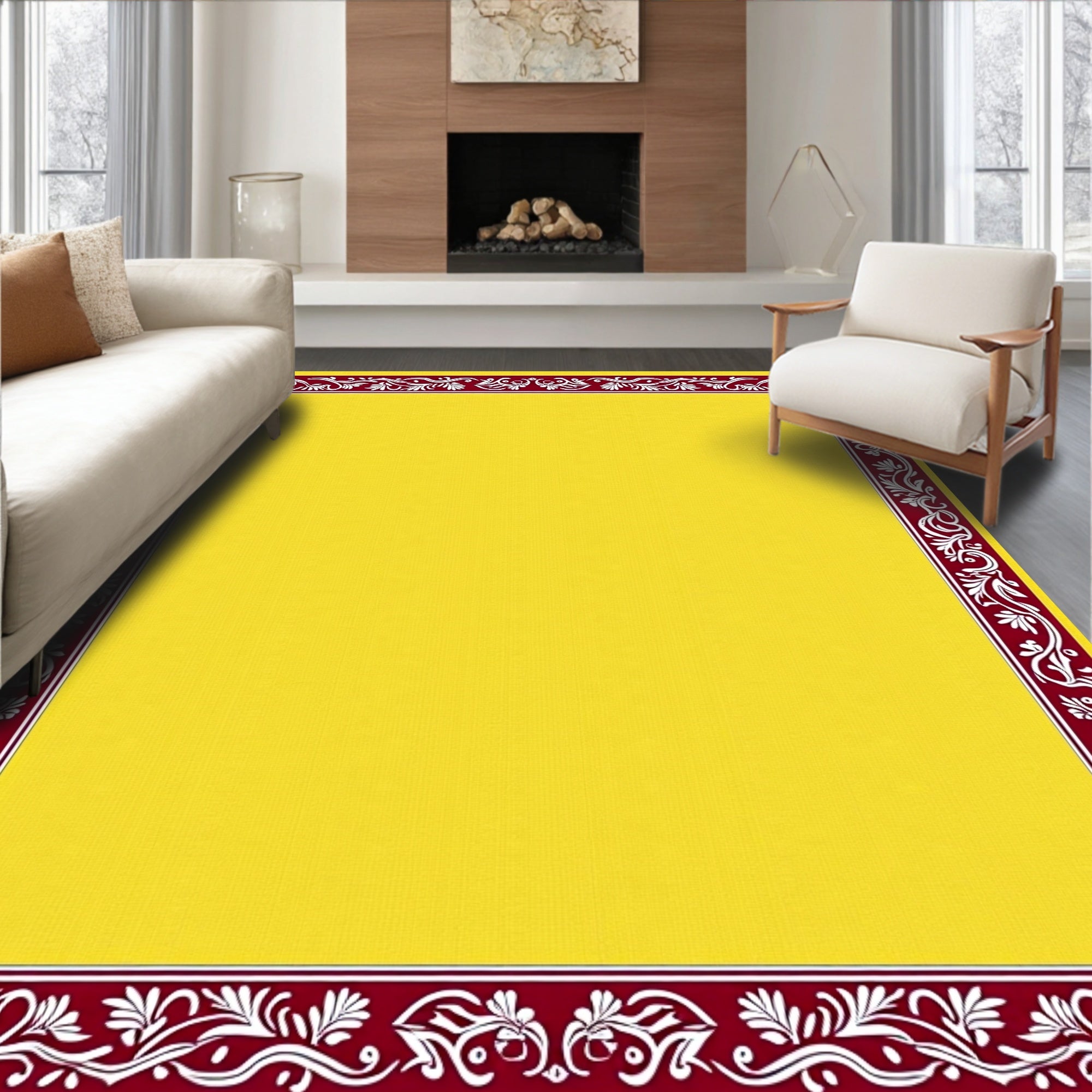 Maroon White Floral Bordered Yellow Rug