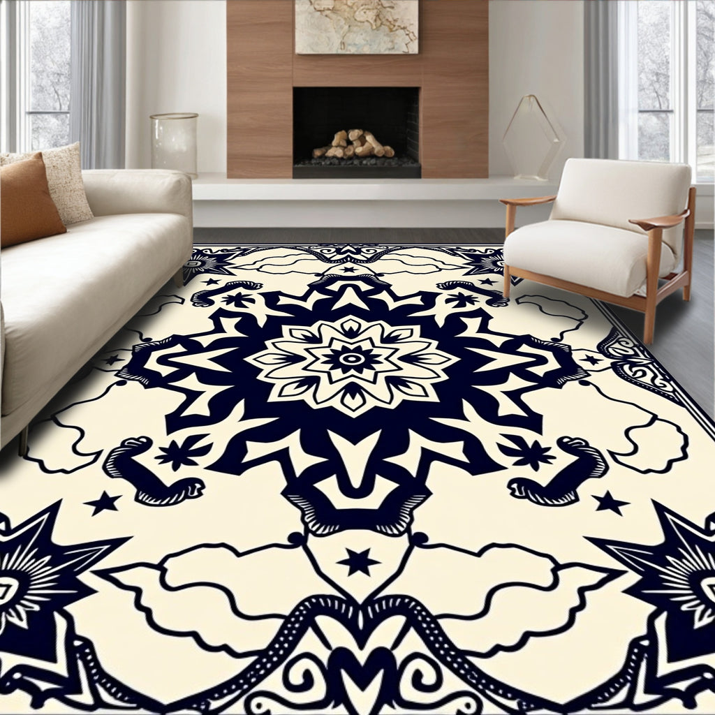 Dark Blue Starburst Mandala Cream Rug