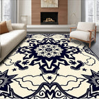 Dark Blue Starburst Mandala Cream Rug