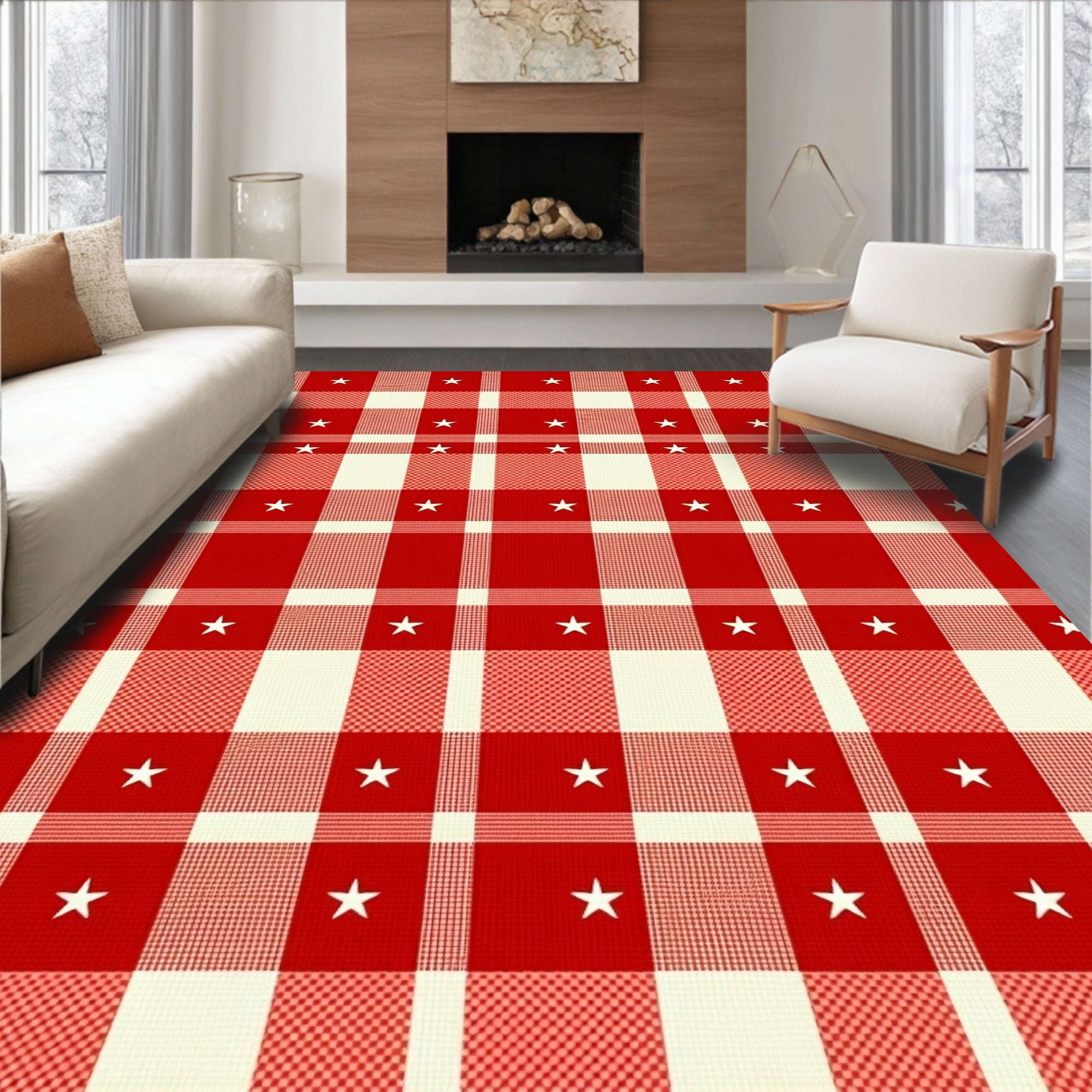 Red White Gingham Star Check Rug