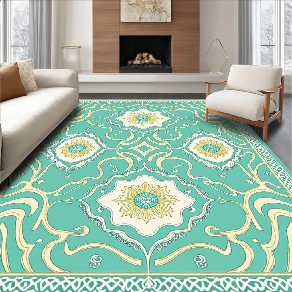 Teal Yellow Floral Medallion Border Rug