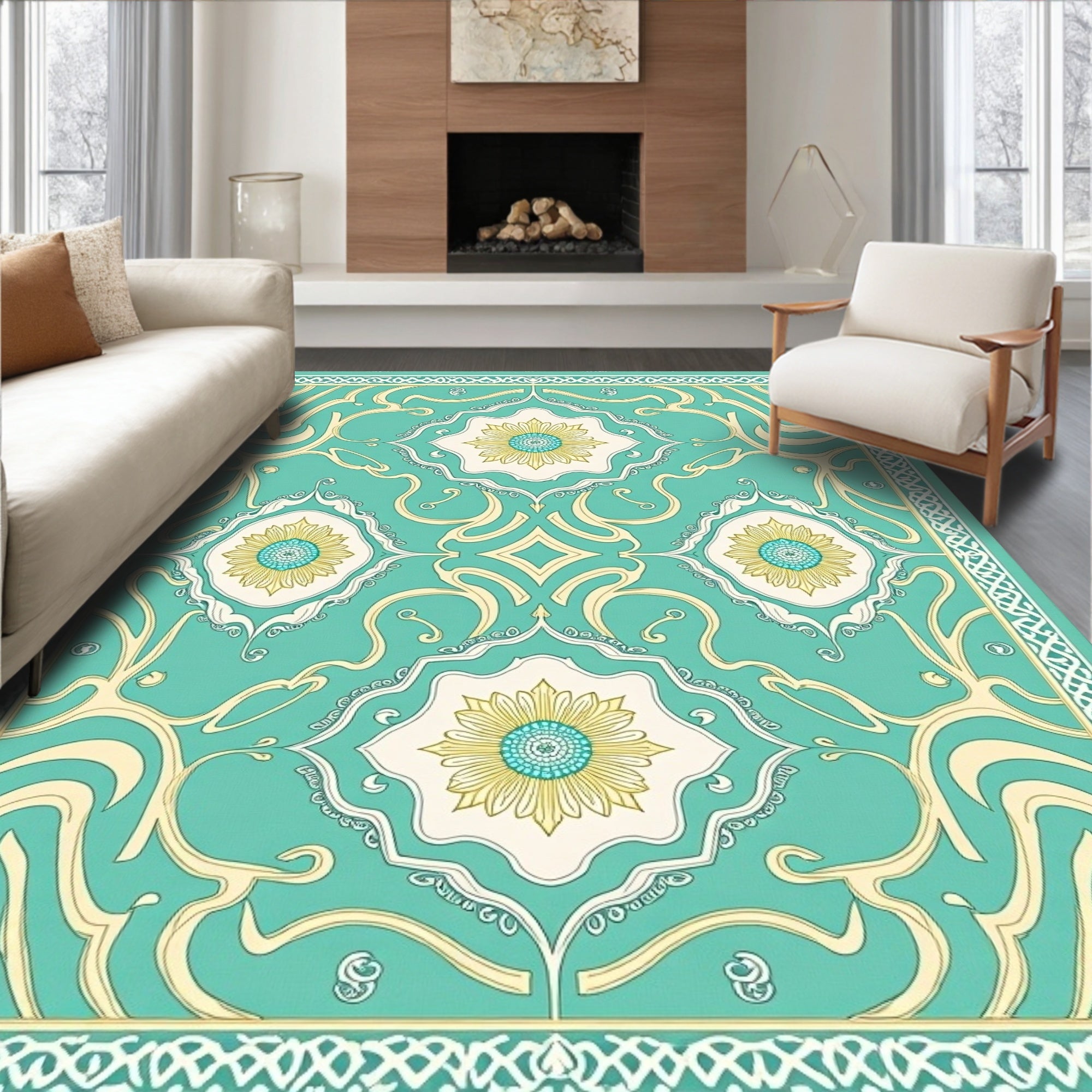 Teal Yellow Floral Medallion Border Rug