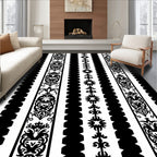 Black White Ornate Stripe Rug
