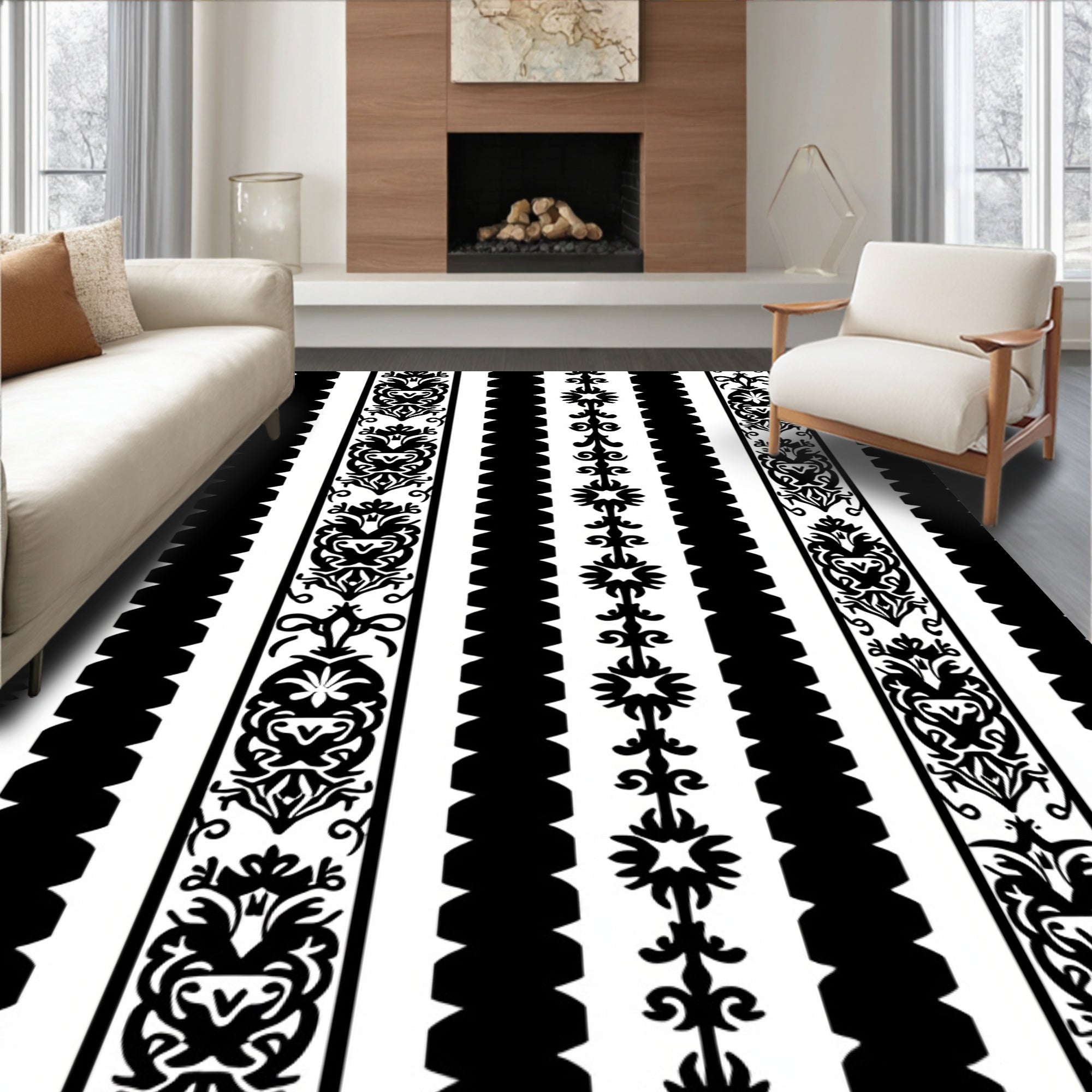 Black White Ornate Stripe Rug