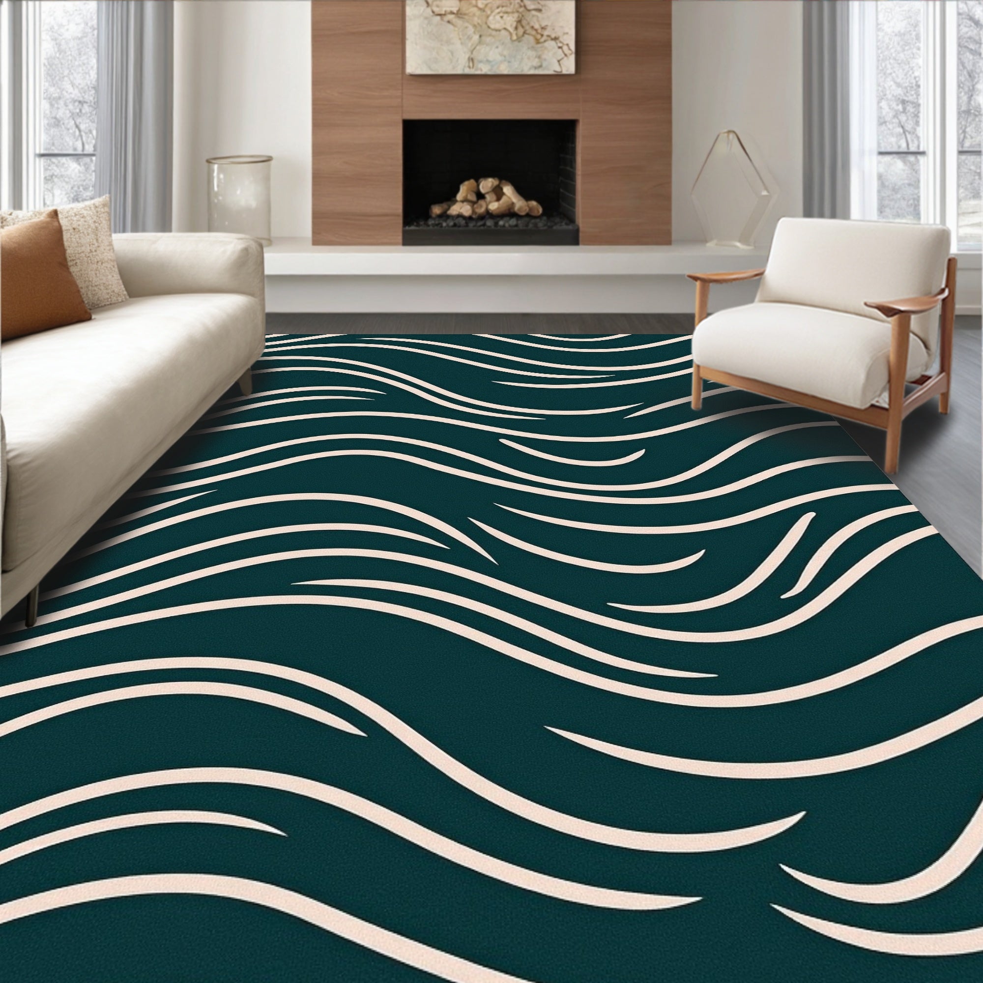 Deep Teal Wavy Stripe Sweep Rug