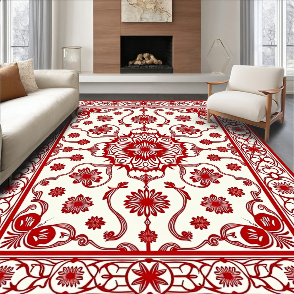 Crimson Intricate Bloom Medallion Border Rug