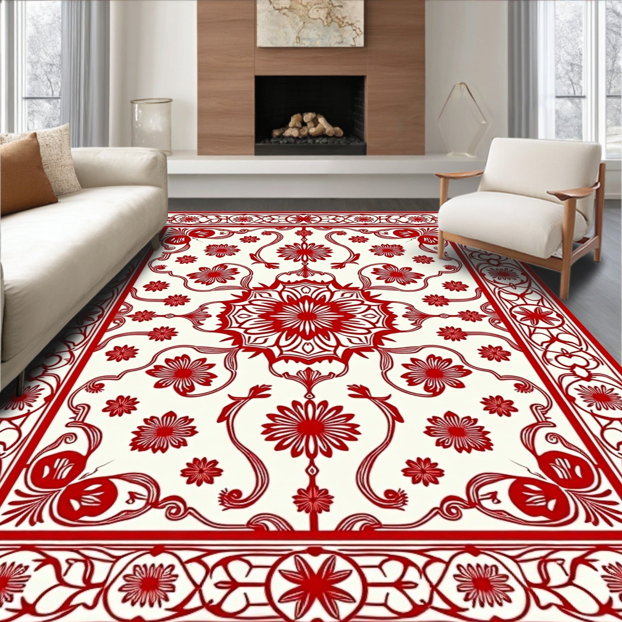Crimson Intricate Bloom Medallion Border Rug