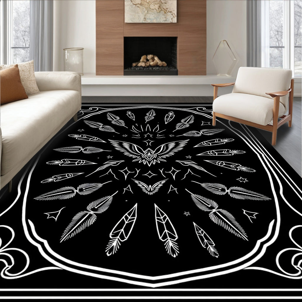 Black White Winged Eagle Feather Circle Rug