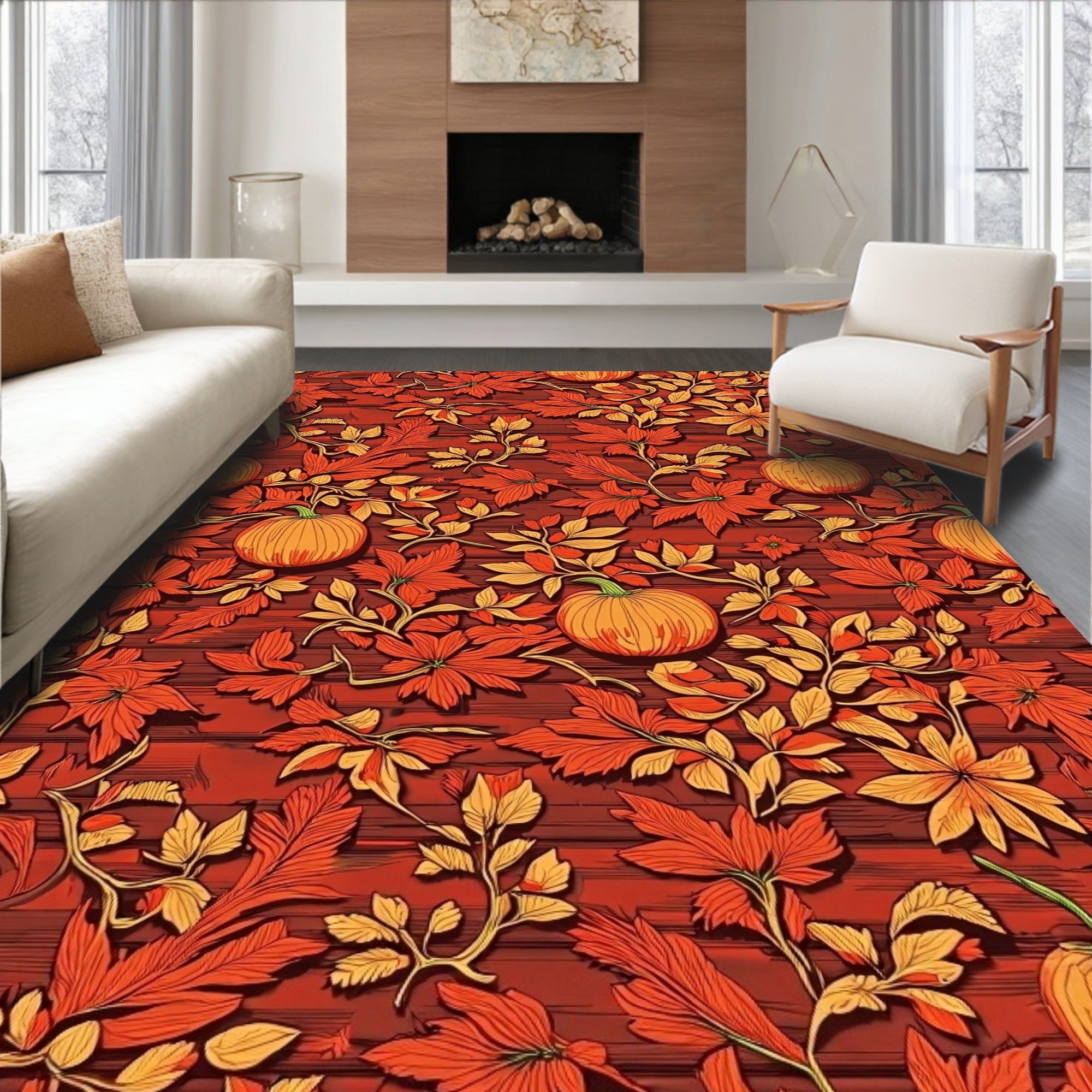 Autumn Harvest Pumpkin Floral Swirls Rug