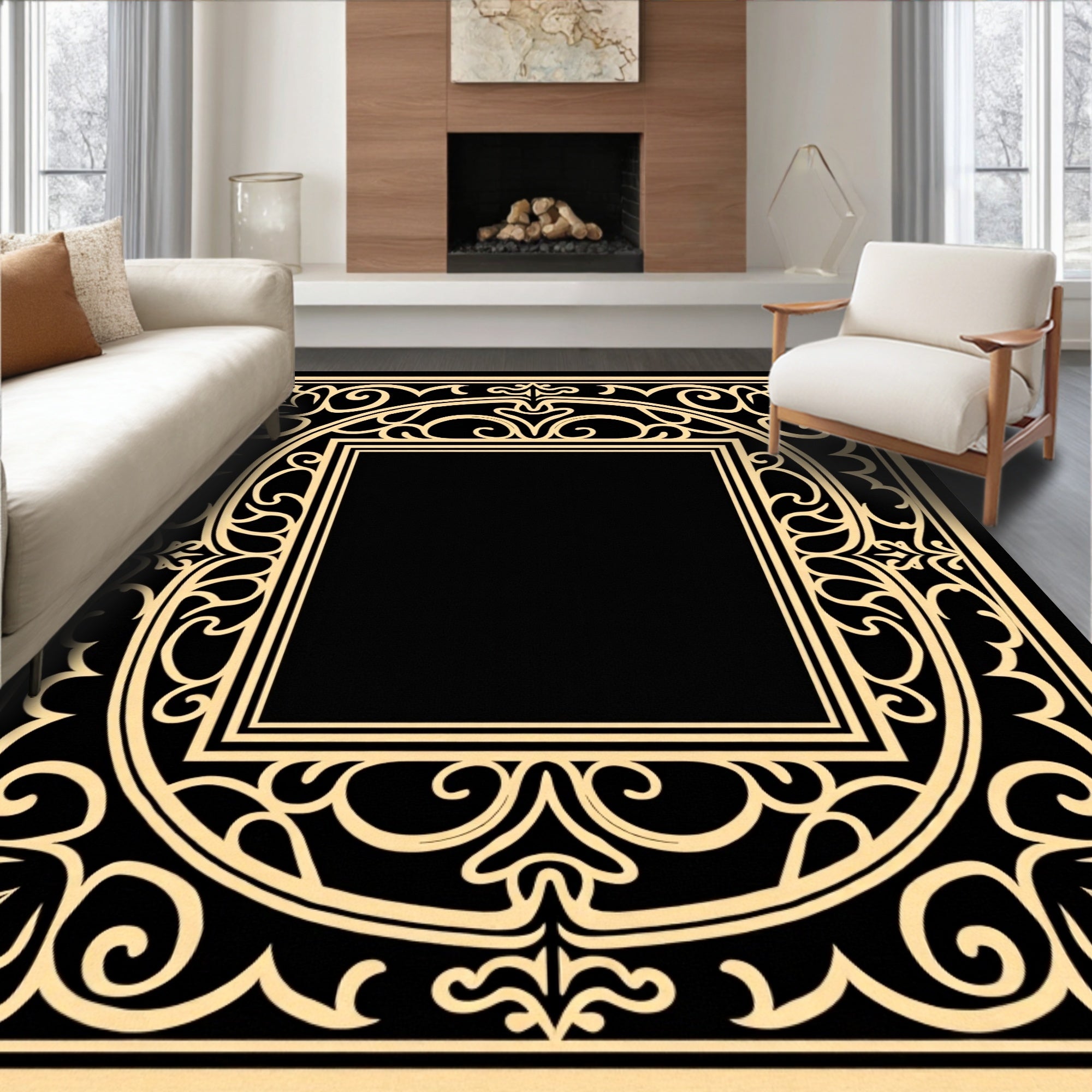 Black Gold Ornate Scroll Square Rug
