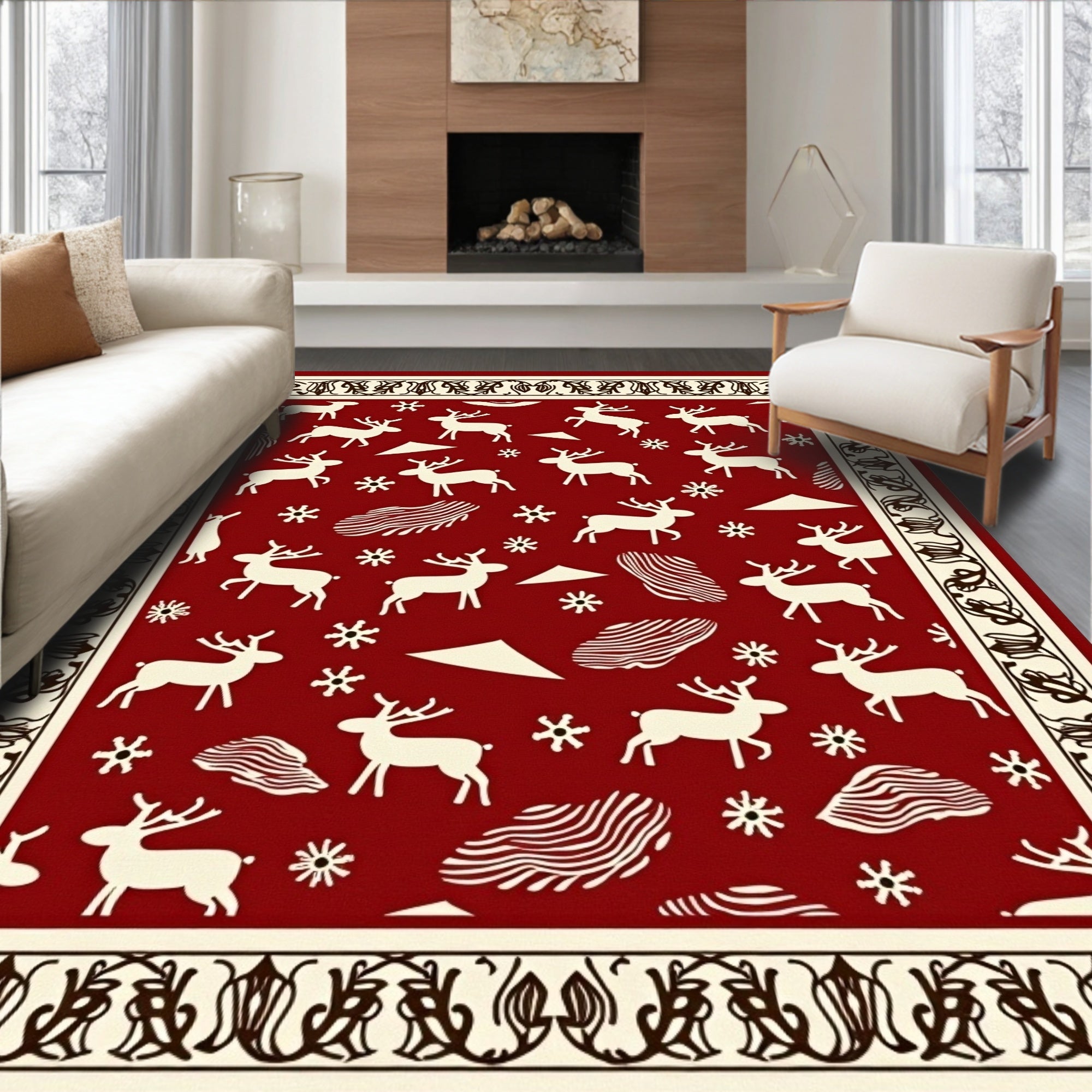 Red Reindeer Snowflake Border Textile Rug