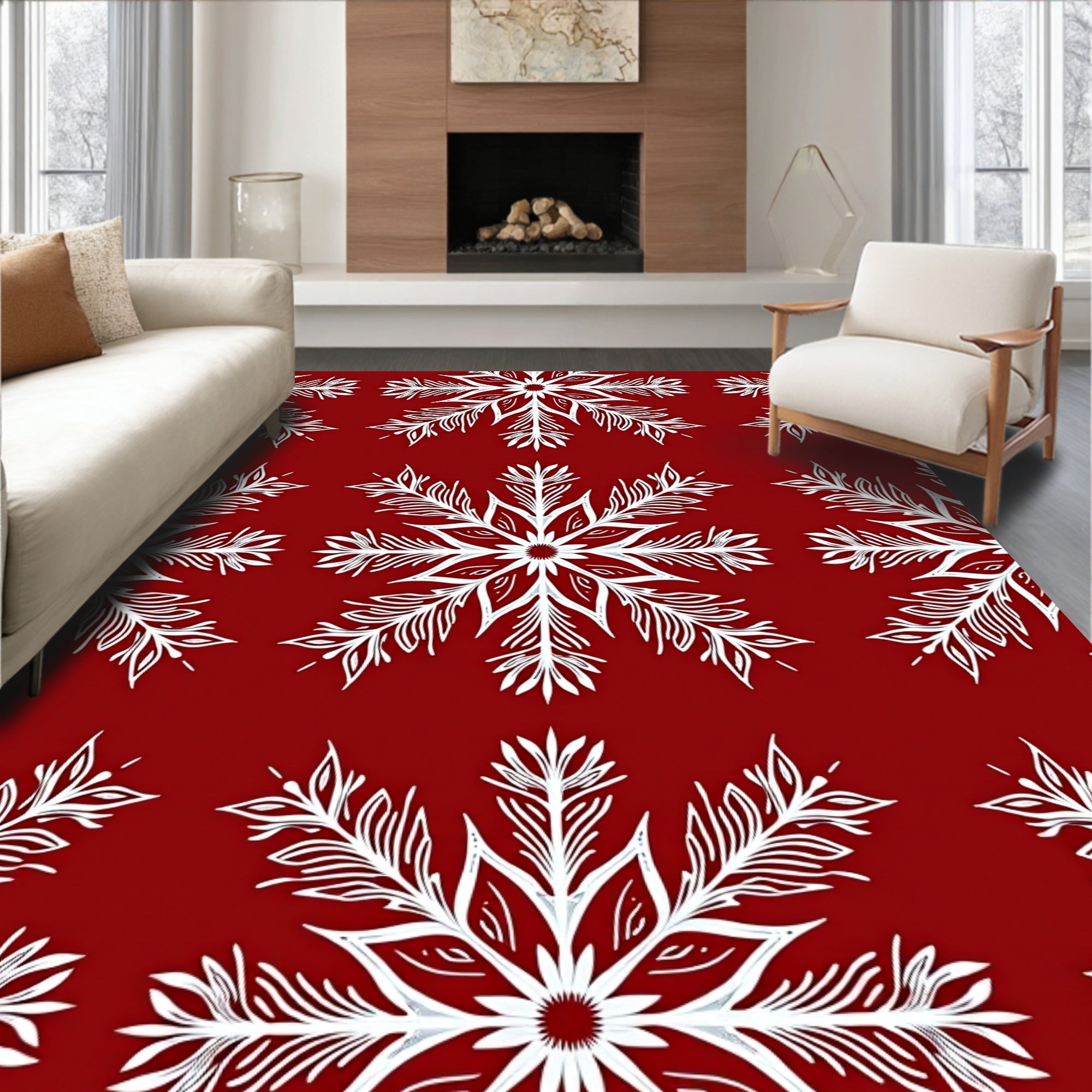 Red White Snowflake Holiday Textile Rug