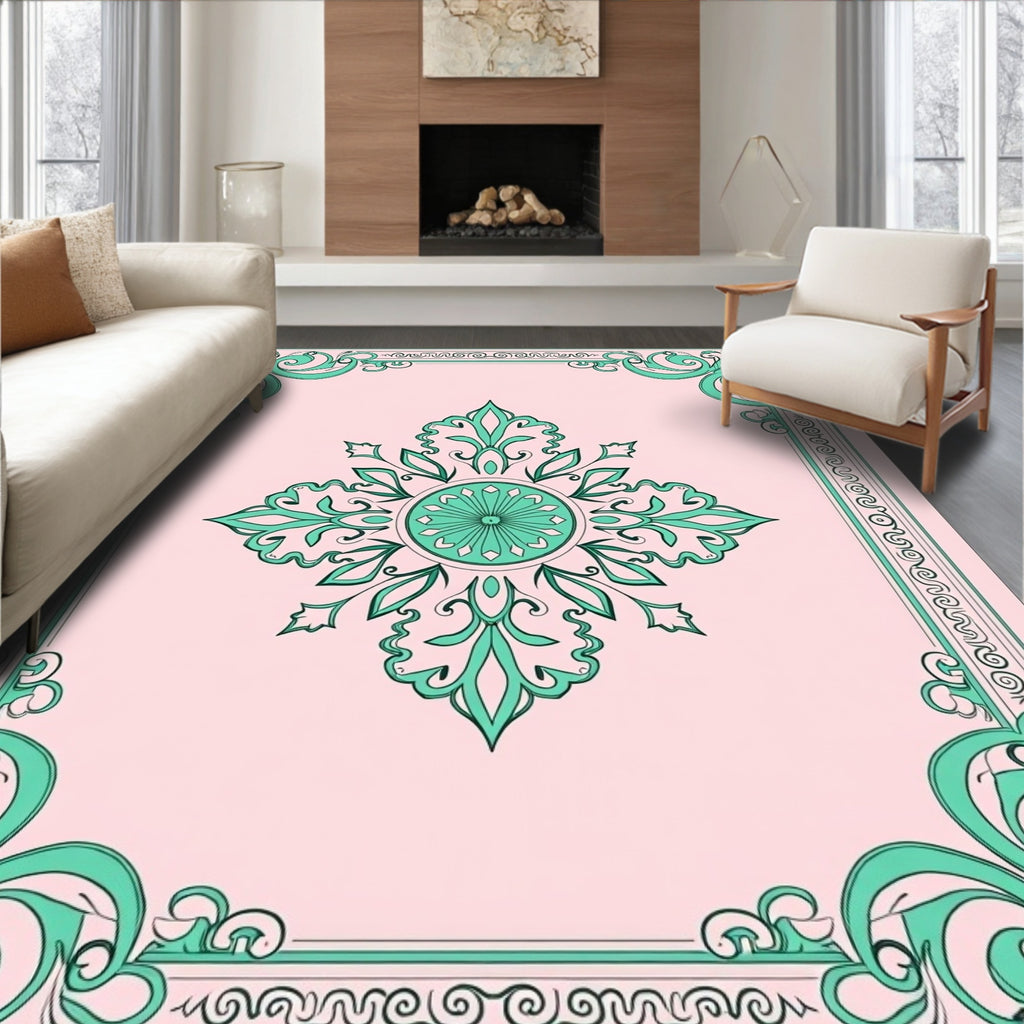 Pale Pink Green Floral Medallion Frame Rug