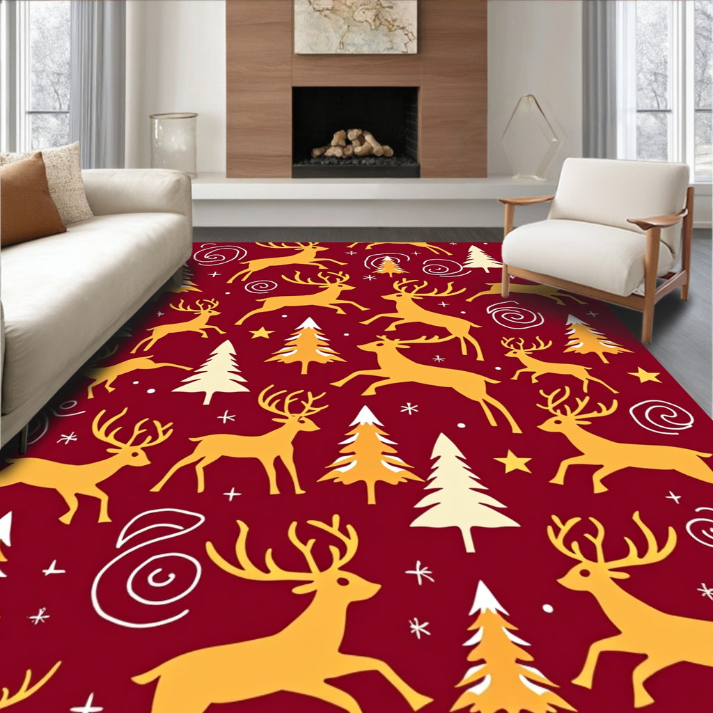 Golden Deer Christmas Trees Red Field Rug
