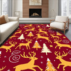 Golden Deer Christmas Trees Red Field Rug