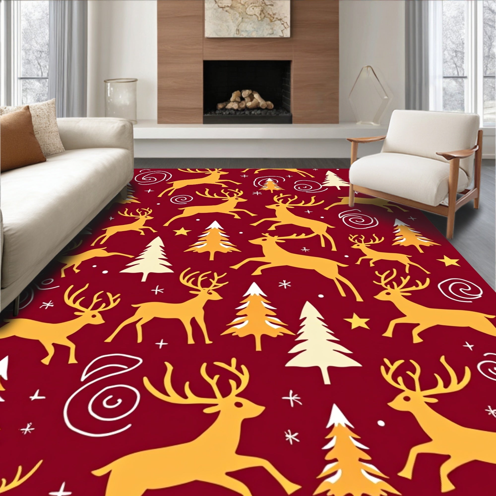 Golden Deer Christmas Trees Red Field Rug