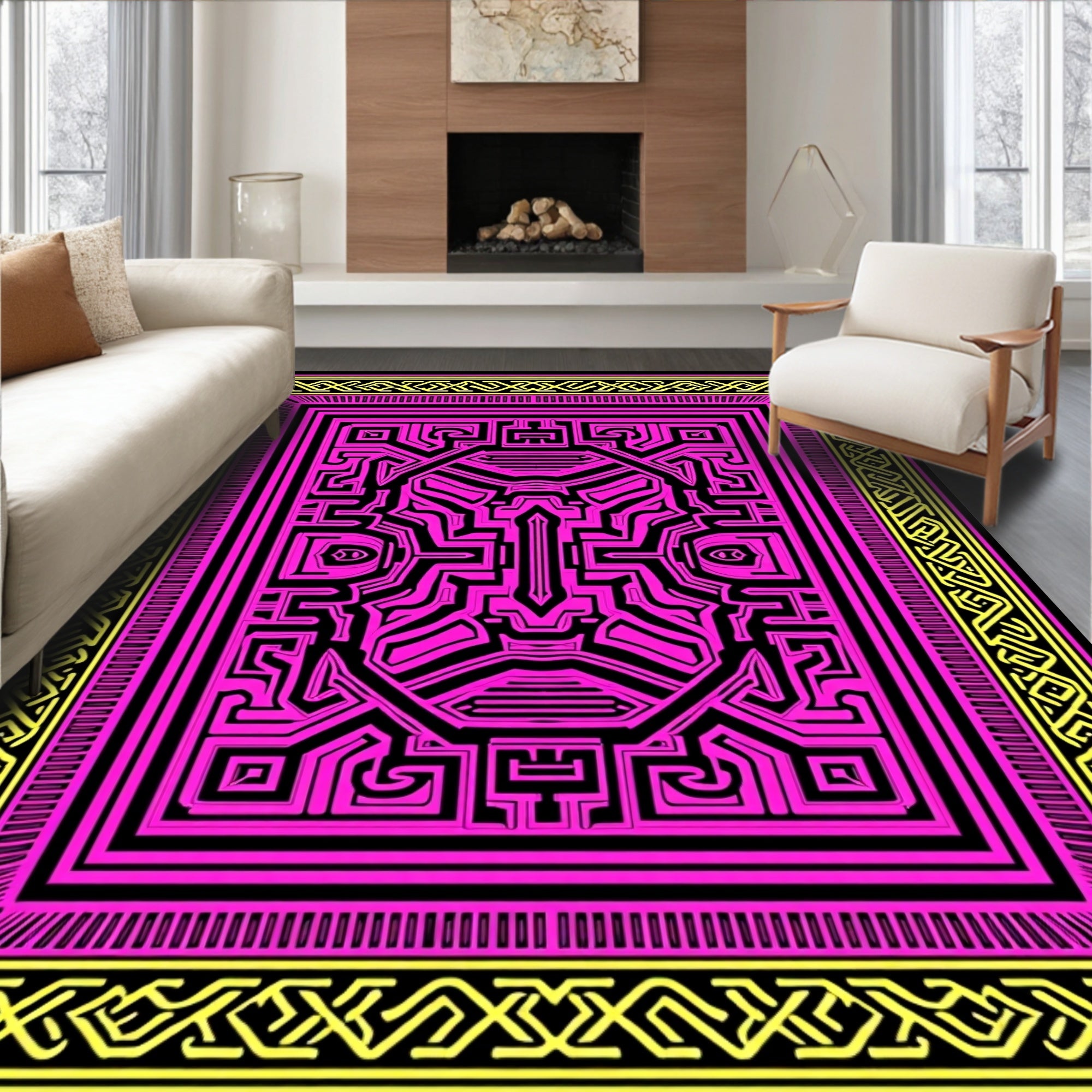 Vibrant Pink Geometric Maze Rug