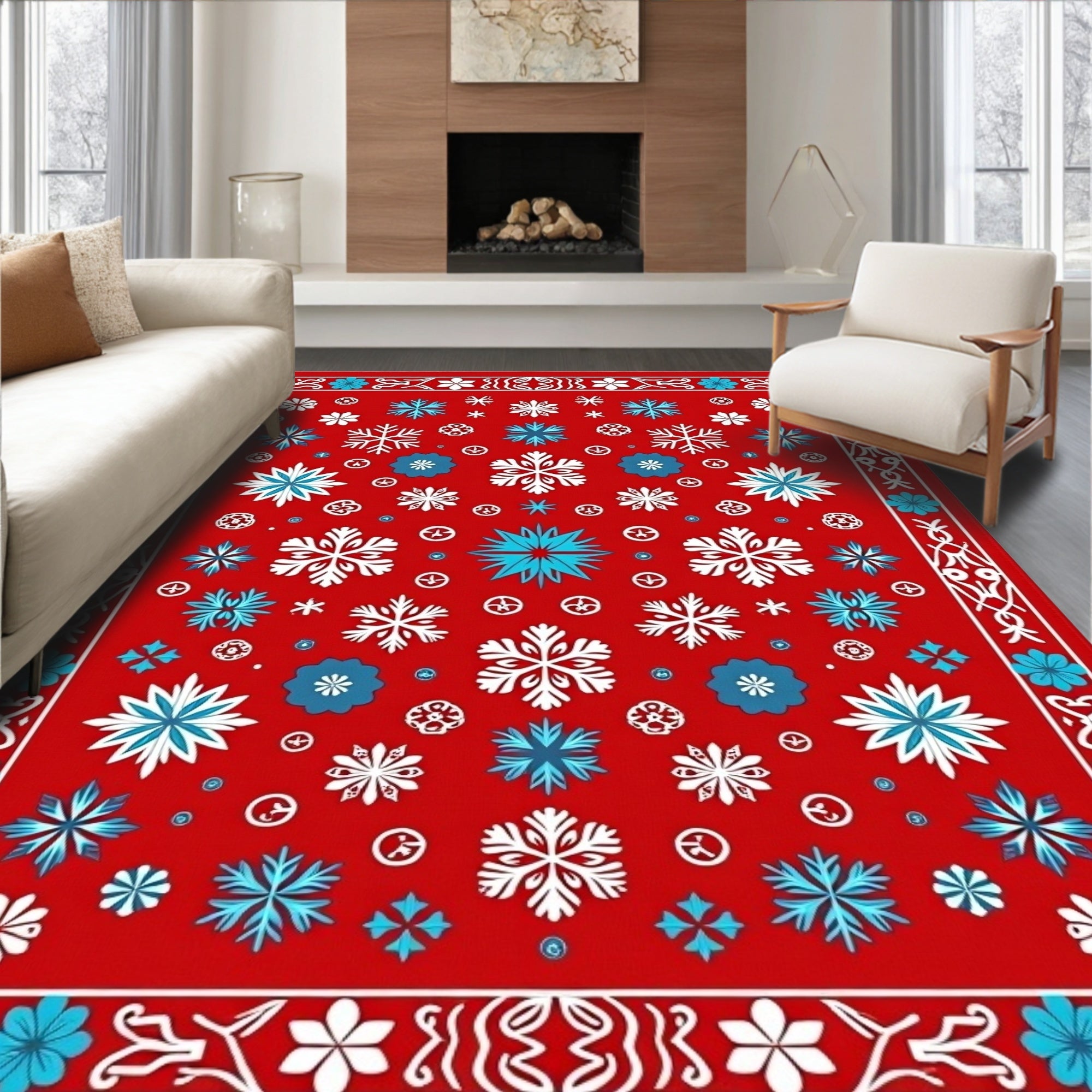 Crimson Snowflake Medallion Border Rug
