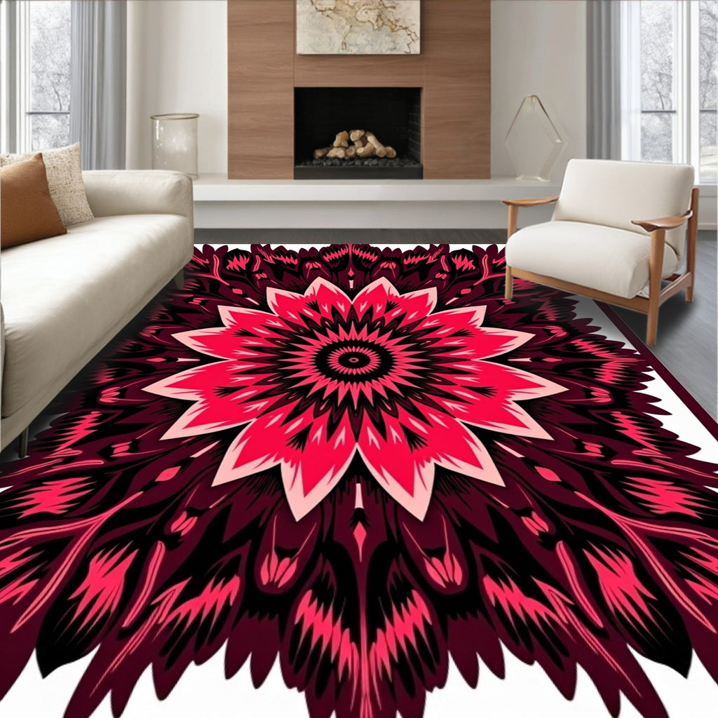 Crimson Pink Feathered Mandala Rug