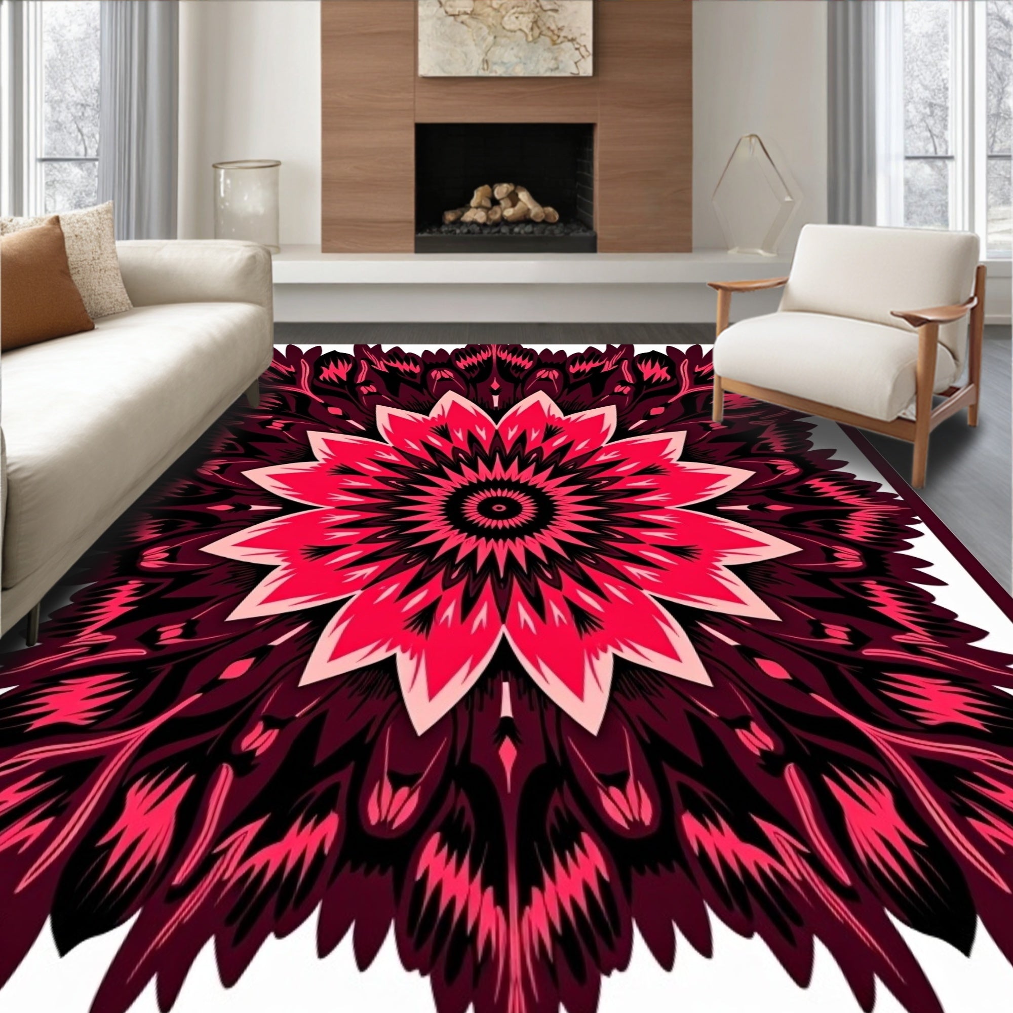 Crimson Pink Feathered Mandala Rug