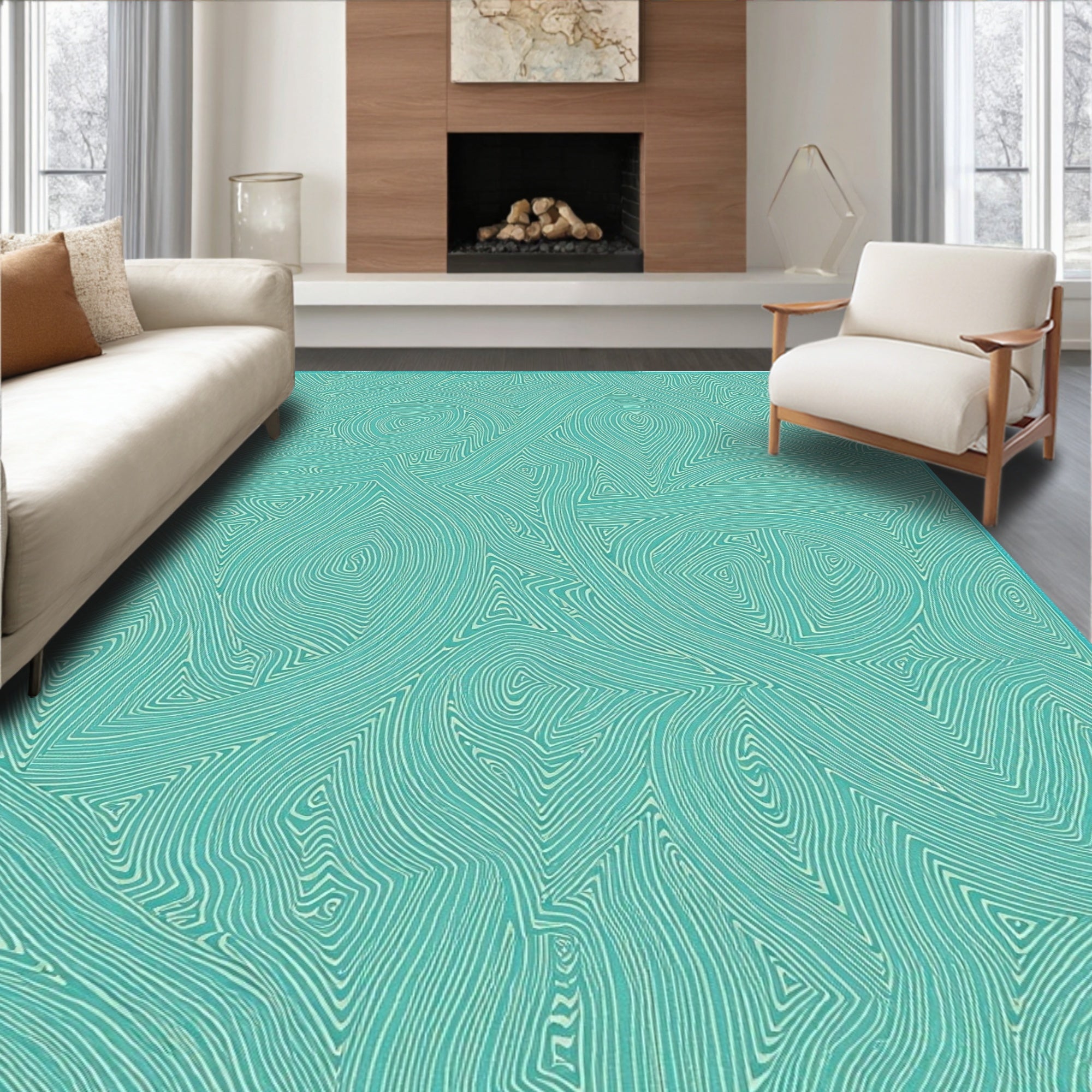 Turquoise Swirling Organic Abstract Rug