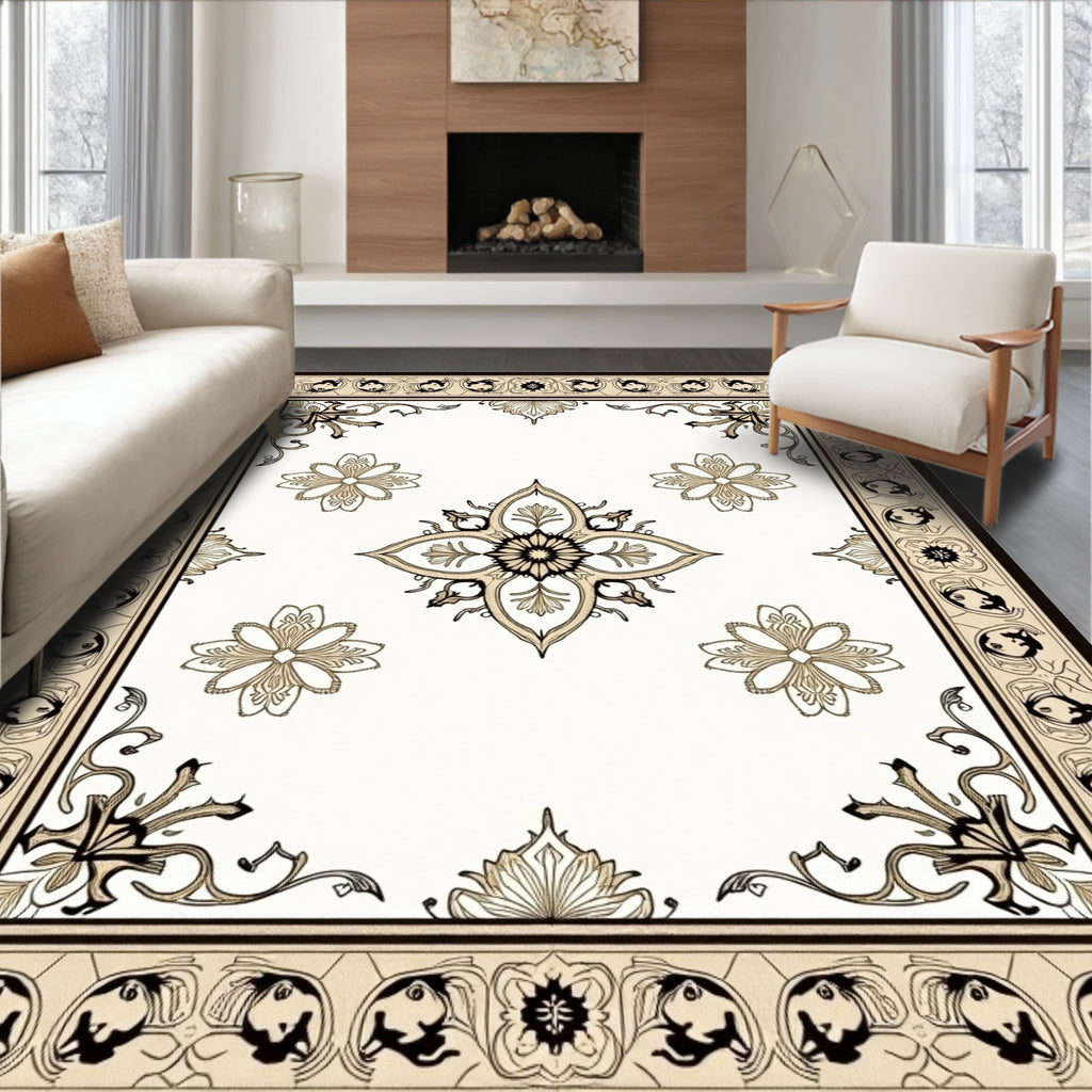 Cream and Black Medallion Border Rug