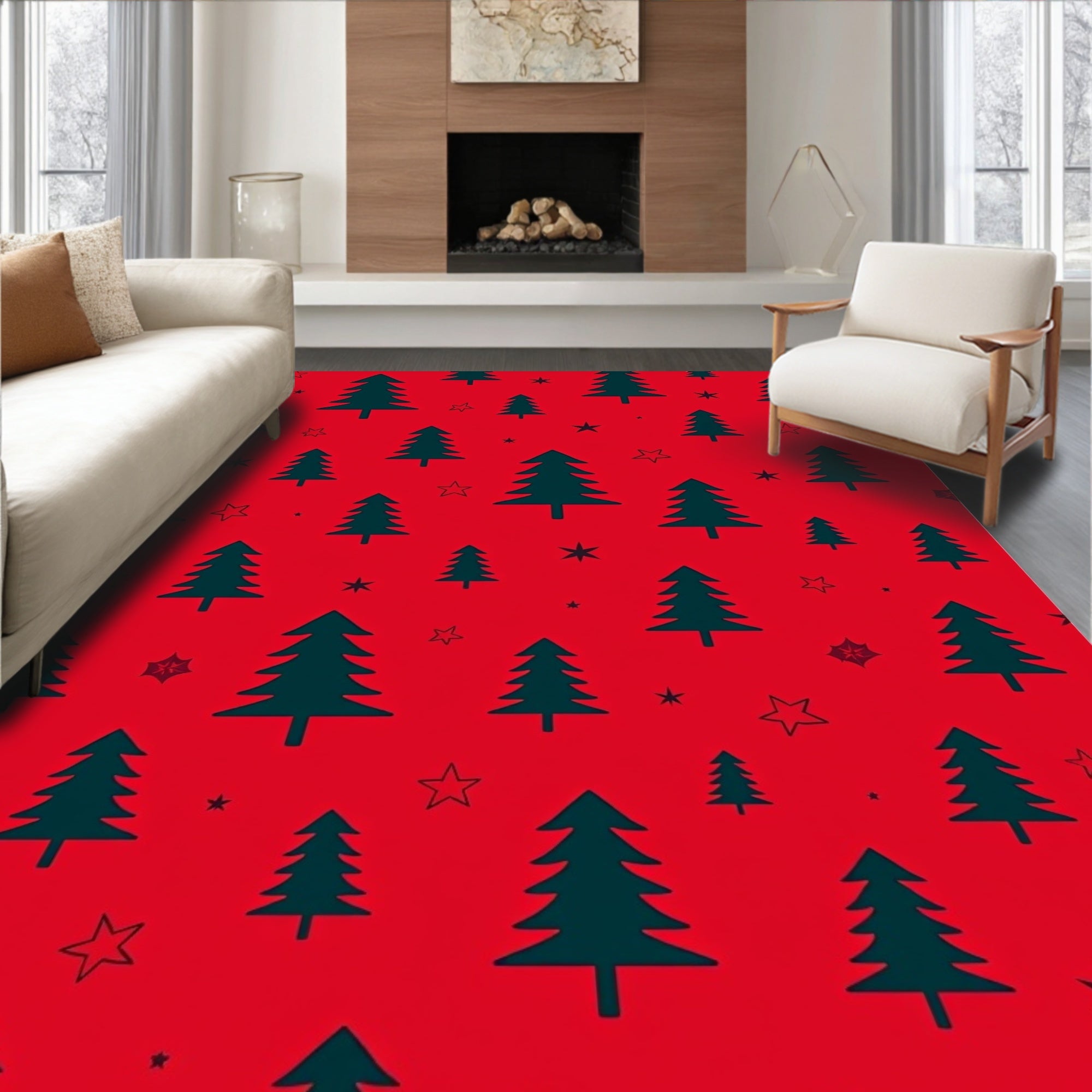 Festive Red Evergreen Stars Rug