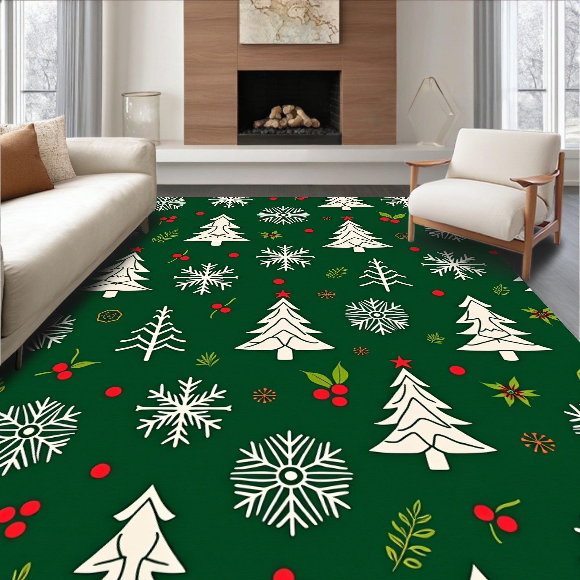 Holiday Trees Snowflakes Holly Berries Red Rug