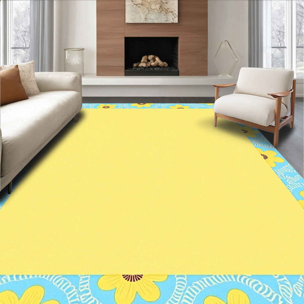 Bright Yellow Floral Blue Border Rug