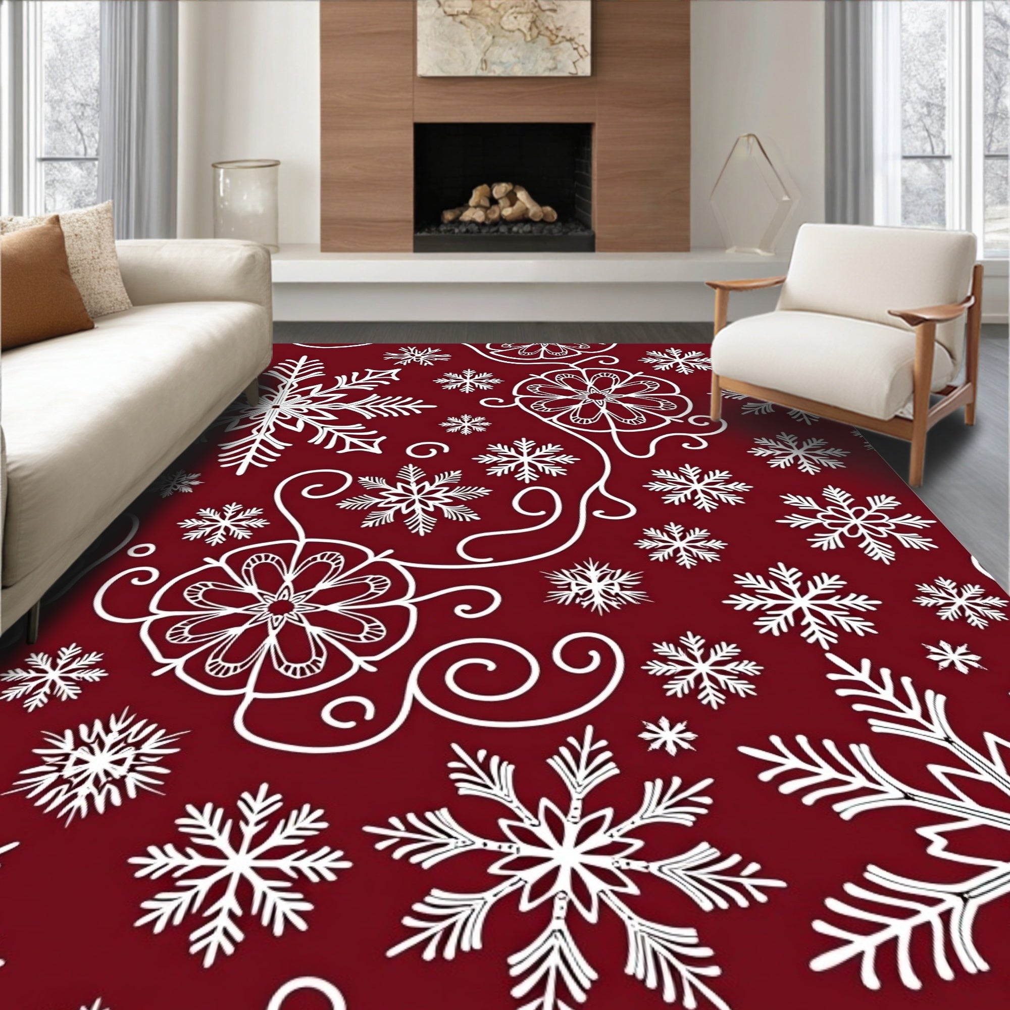 Crimson White Snowflake Swirls Rug