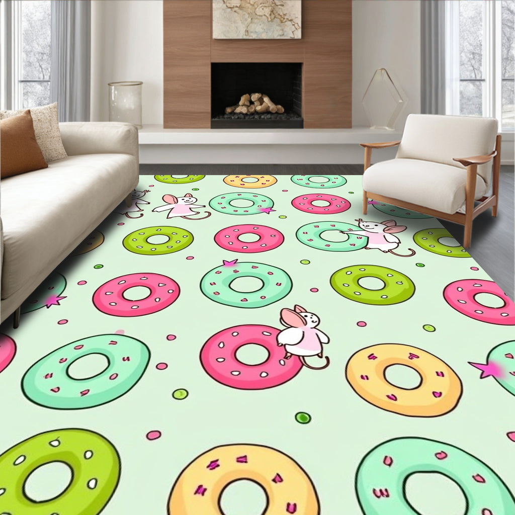 Whimsical Mice With Pink Green Donuts Rug