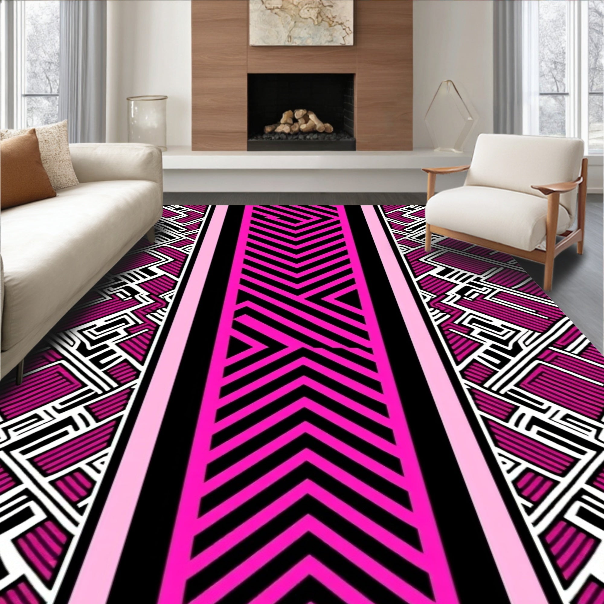 Vibrant Pink Black Chevron Geometric Rug