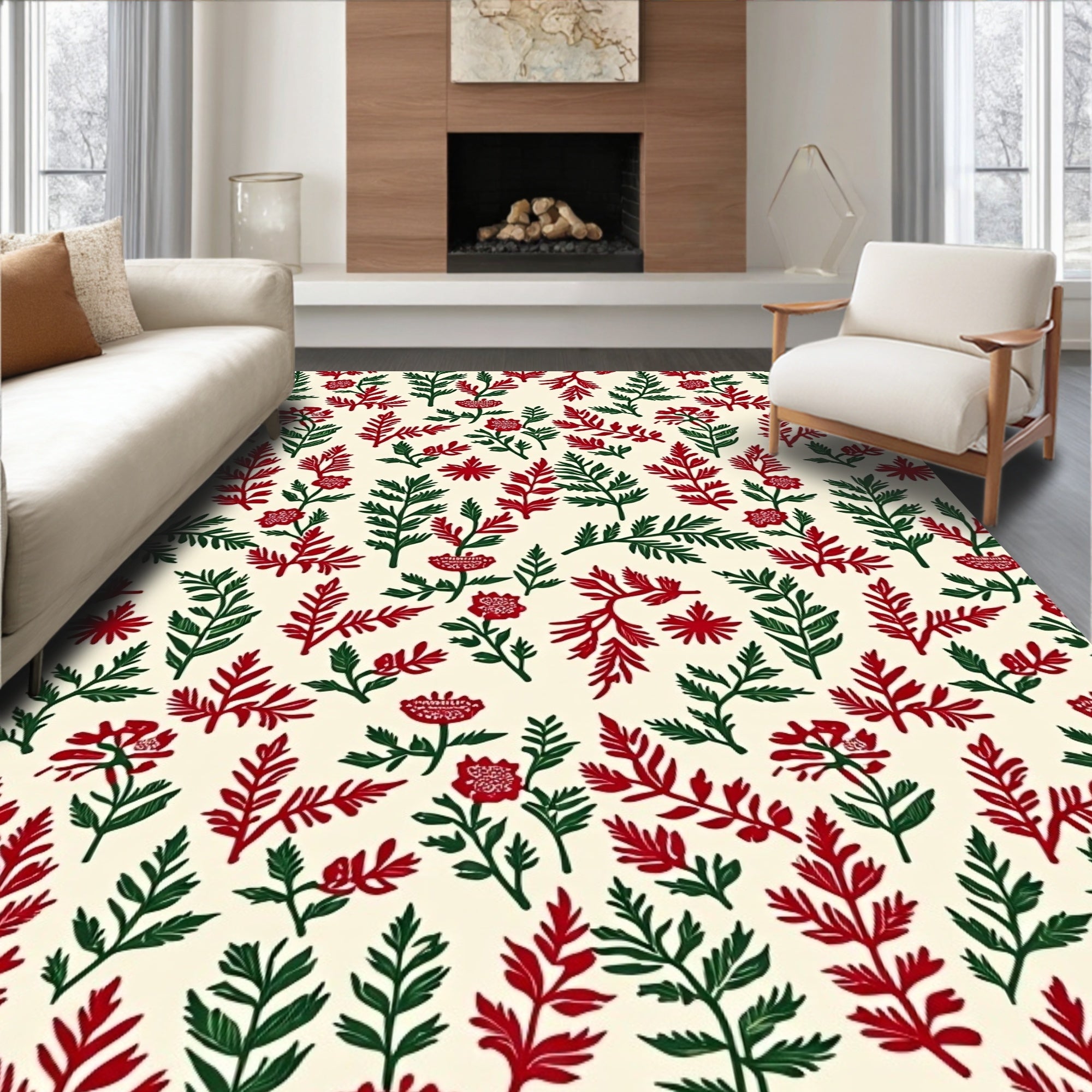 Crimson Green Floral Branches Rug