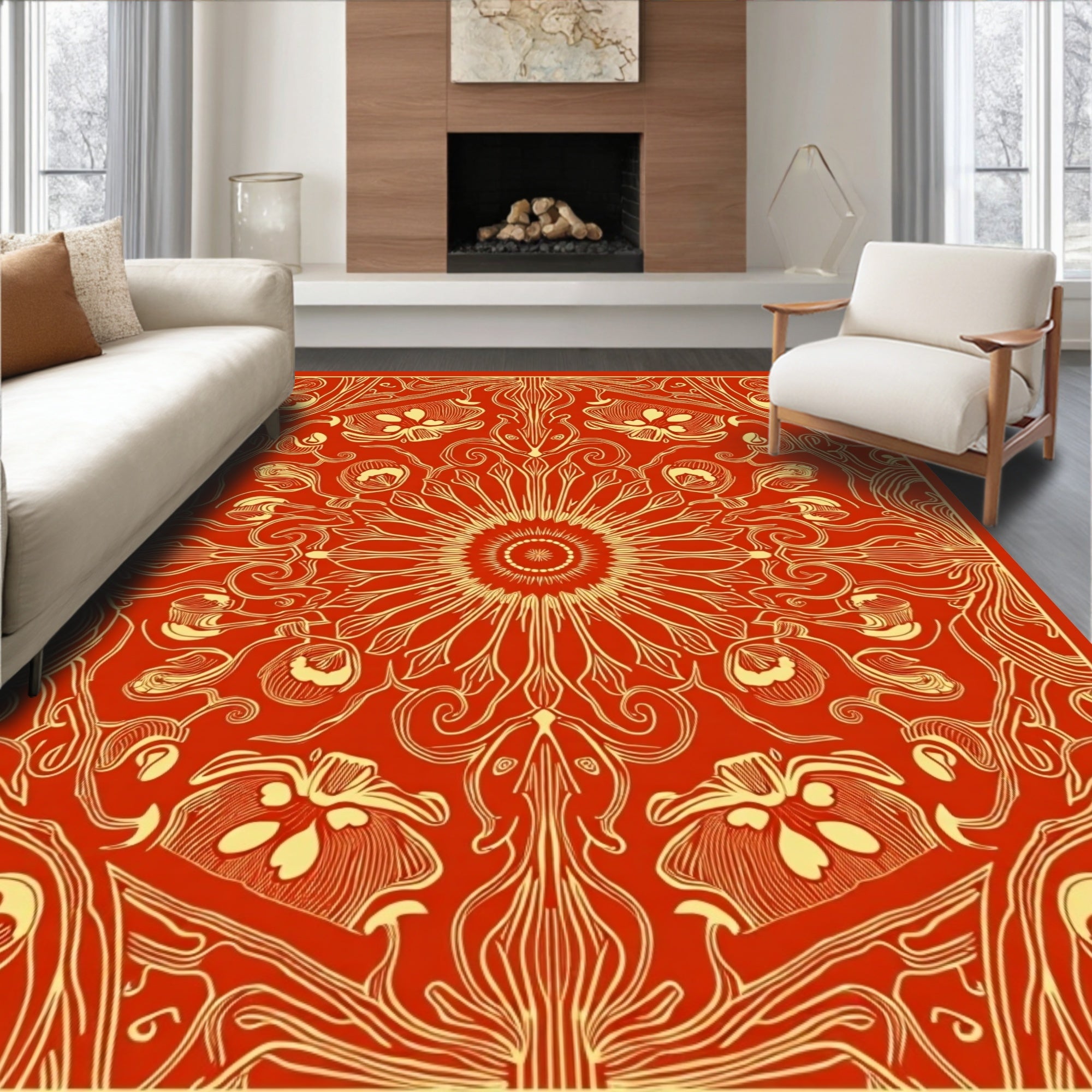 Fiery Orange Floral Sunburst Mandala Rug