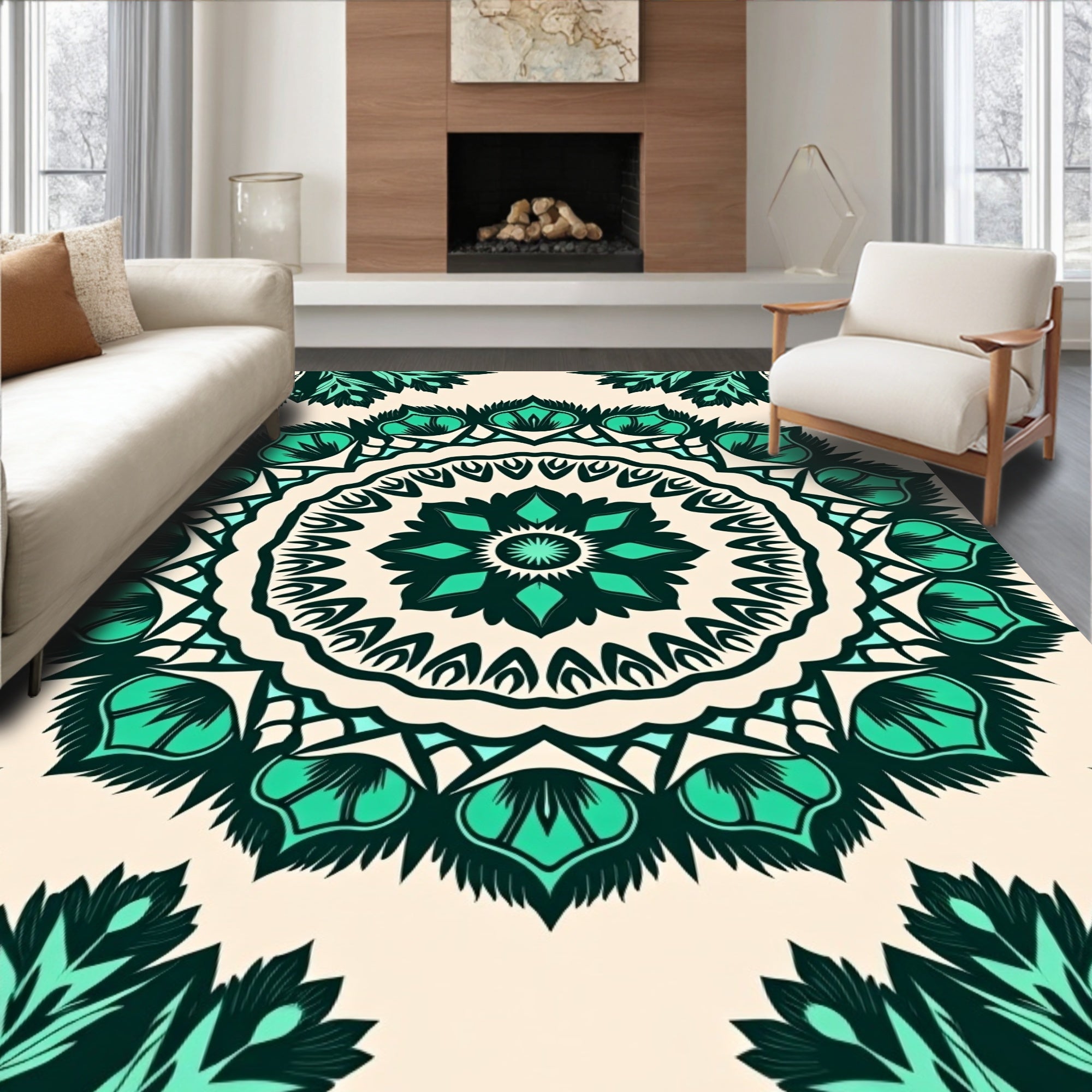 Teal Green Floral Mandala Medallion Rug