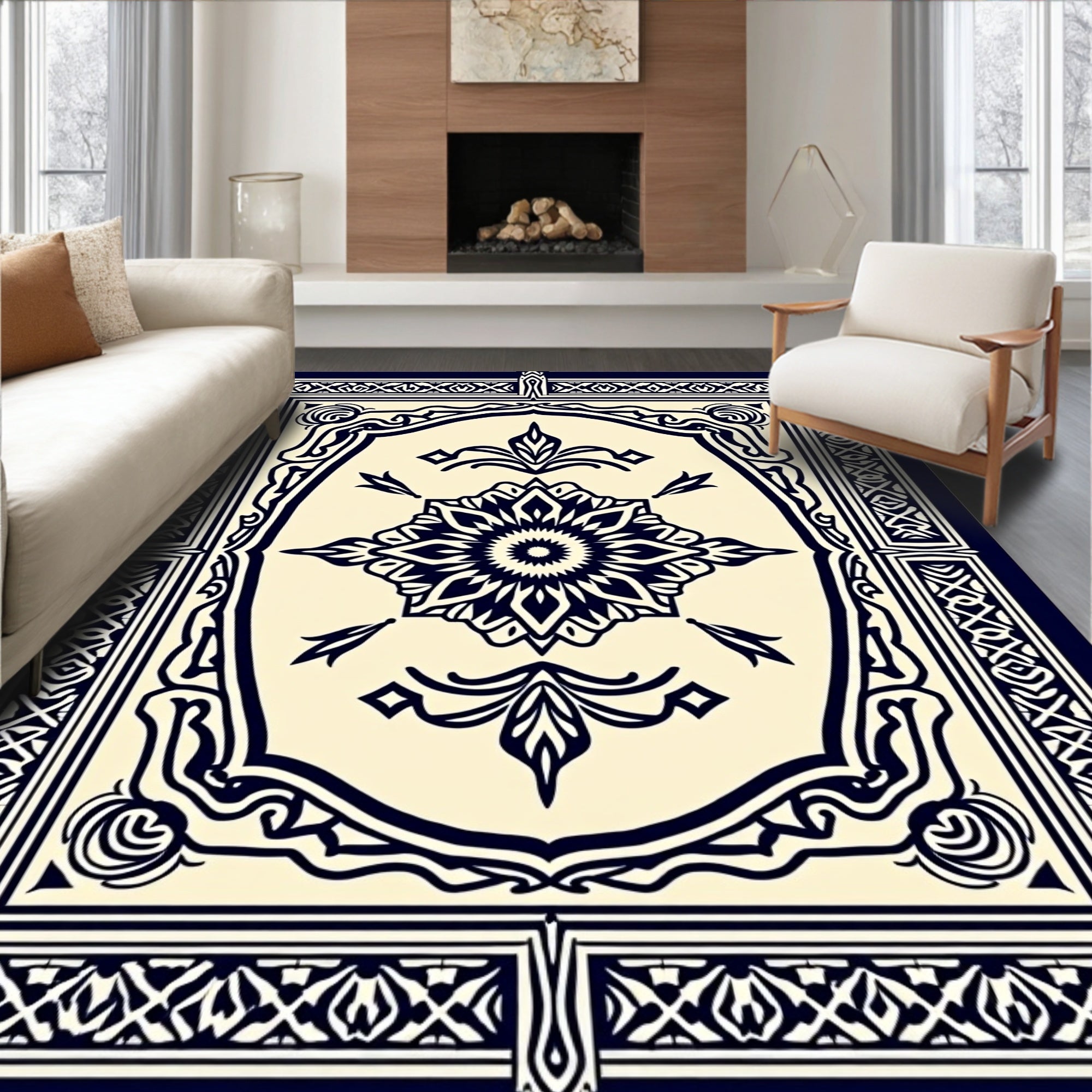 Deep Navy Floral Medallion Frames Rug