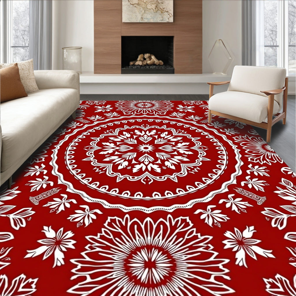 Crimson Mandala Floral Symmetry Rug