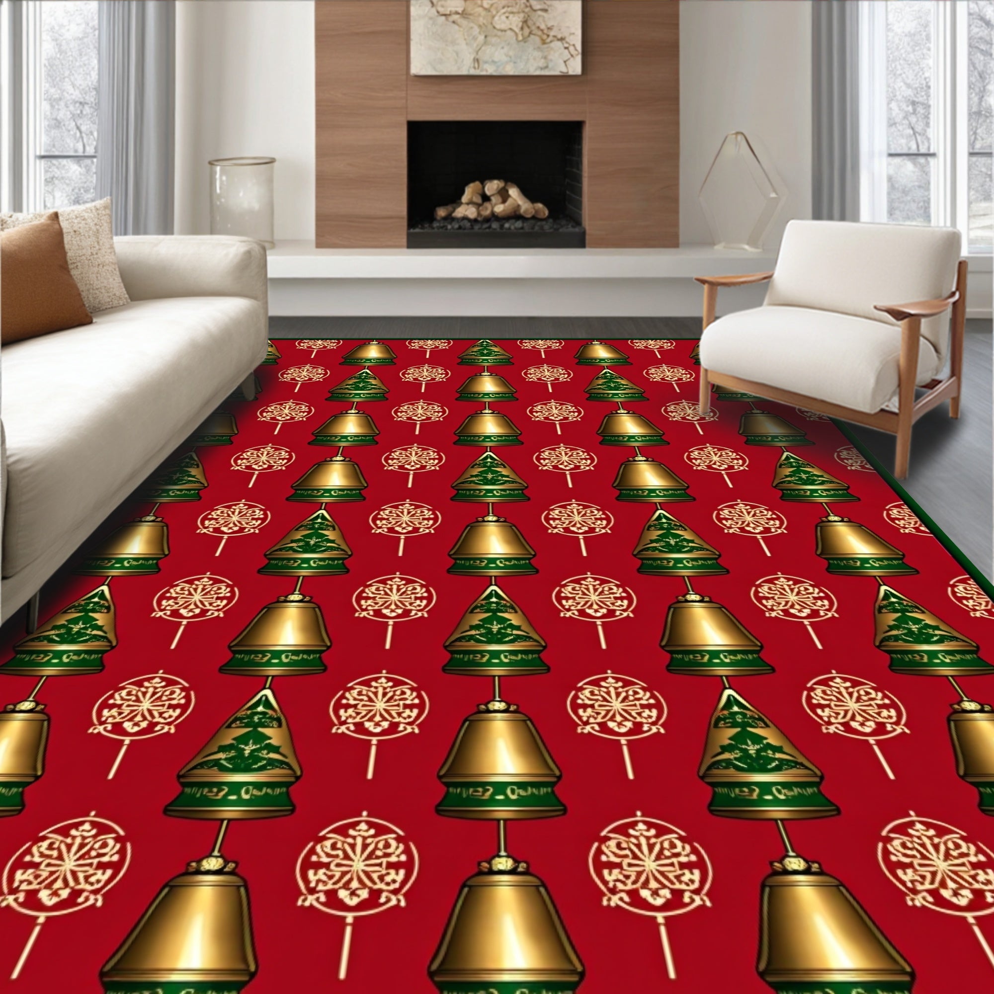 Golden Bells Red Christmas Textile Rug