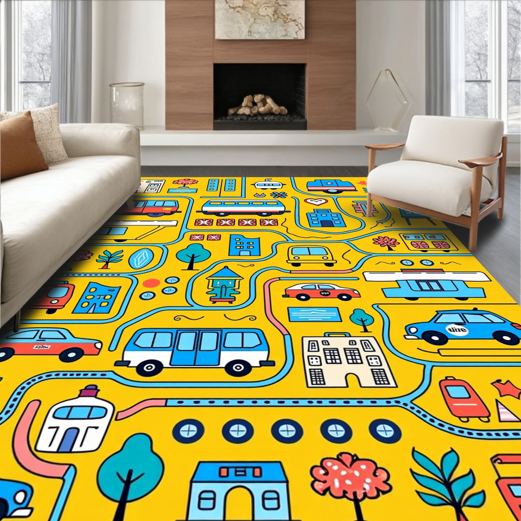 Whimsical Yellow Transportation City Scene Rug