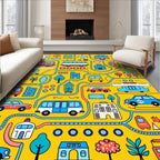 Whimsical Yellow Transportation City Scene Rug