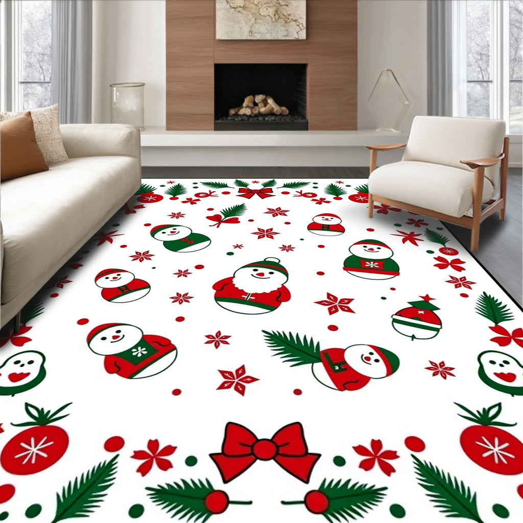 Festive Red Green Snowman Holiday Border Rug