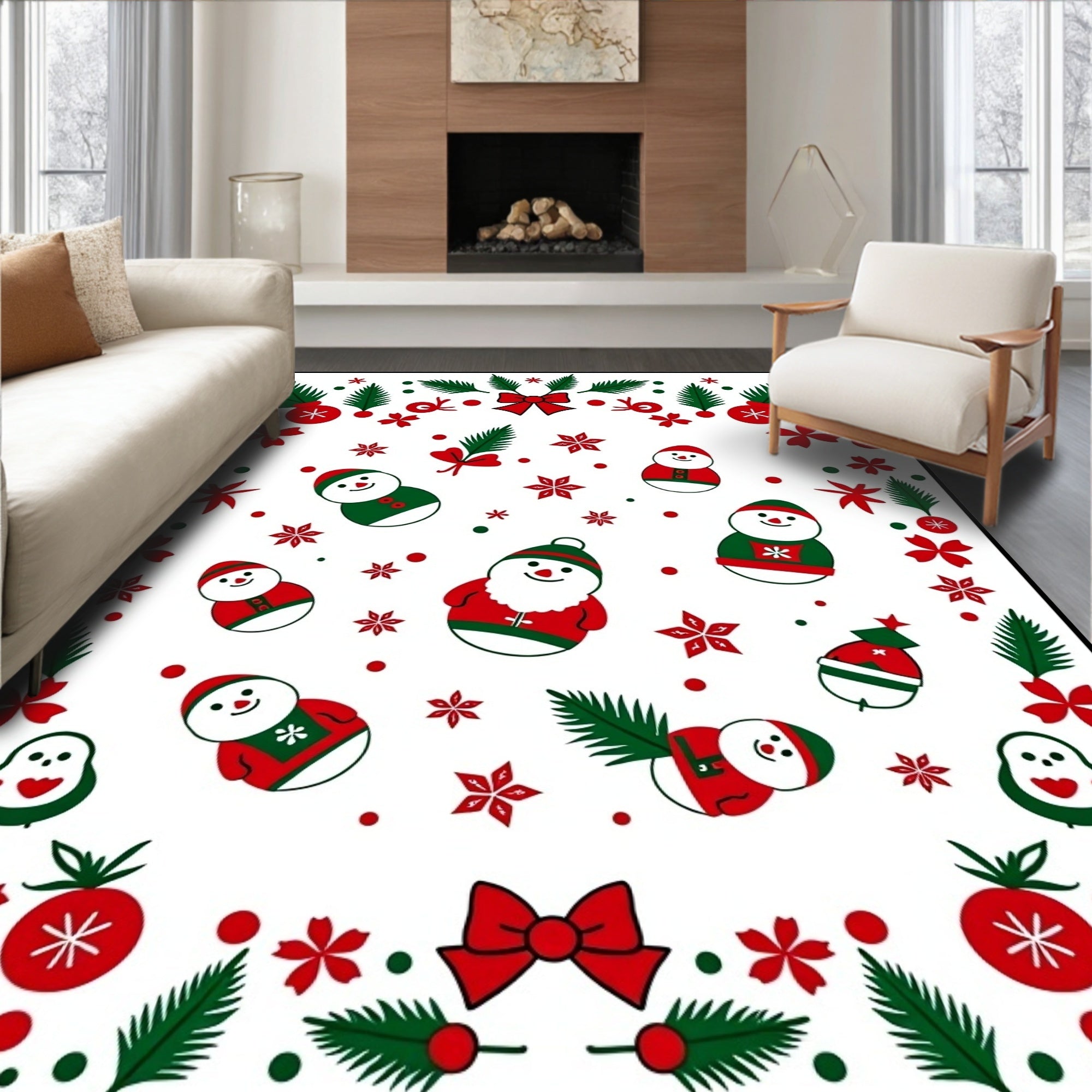 Festive Red Green Snowman Holiday Border Rug