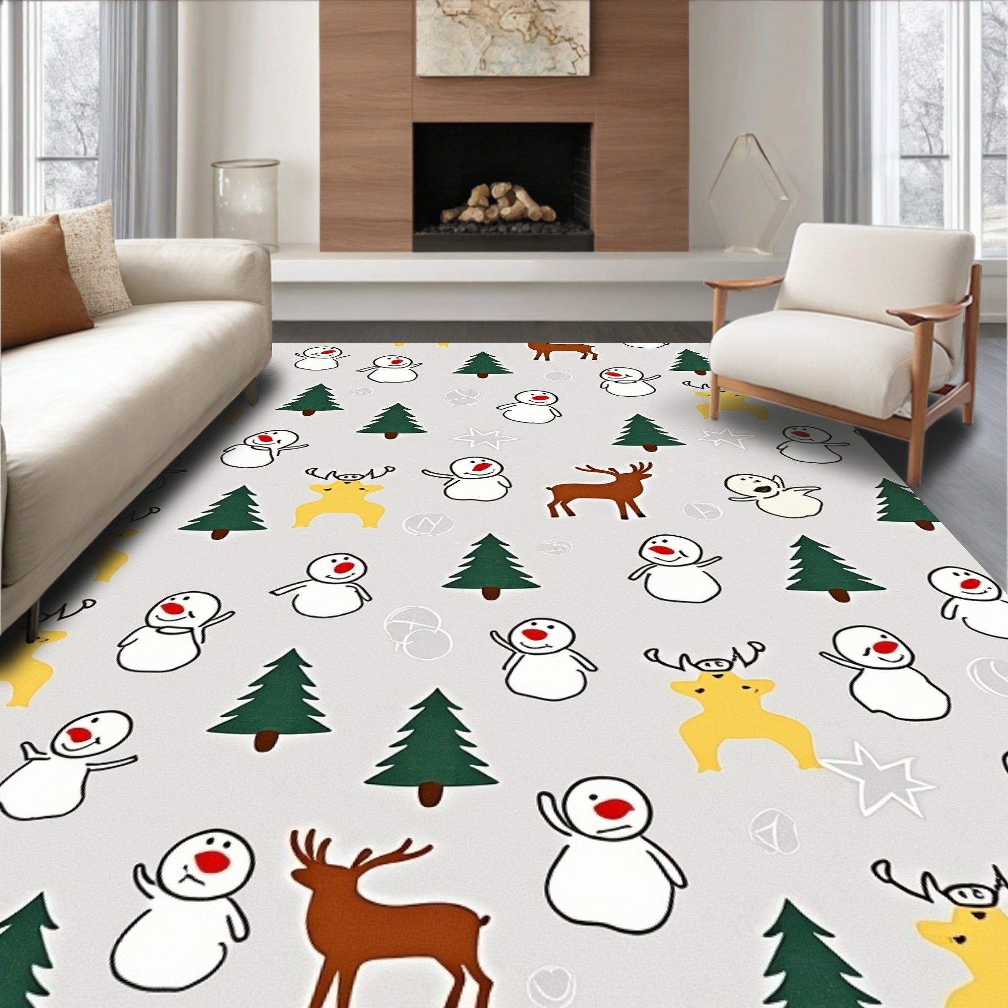 Charming Snowman and Deer Holiday Scene Rug